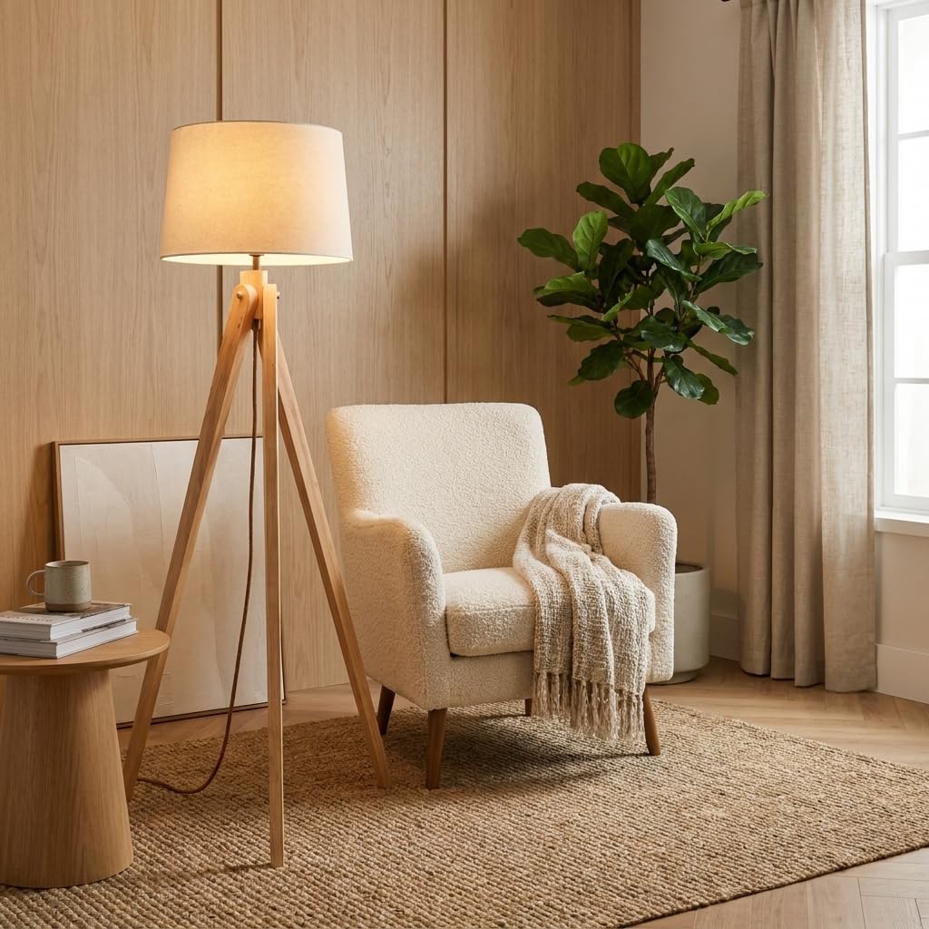 BARCELONA LED NASHUA Stehlampe mit Holzstativ und weißem Stoffschirm – Skandinavische nordische Stehleuchte mit E27 Fassung, minimalistisches Design für Wohnzimmer, Schlafzimmer