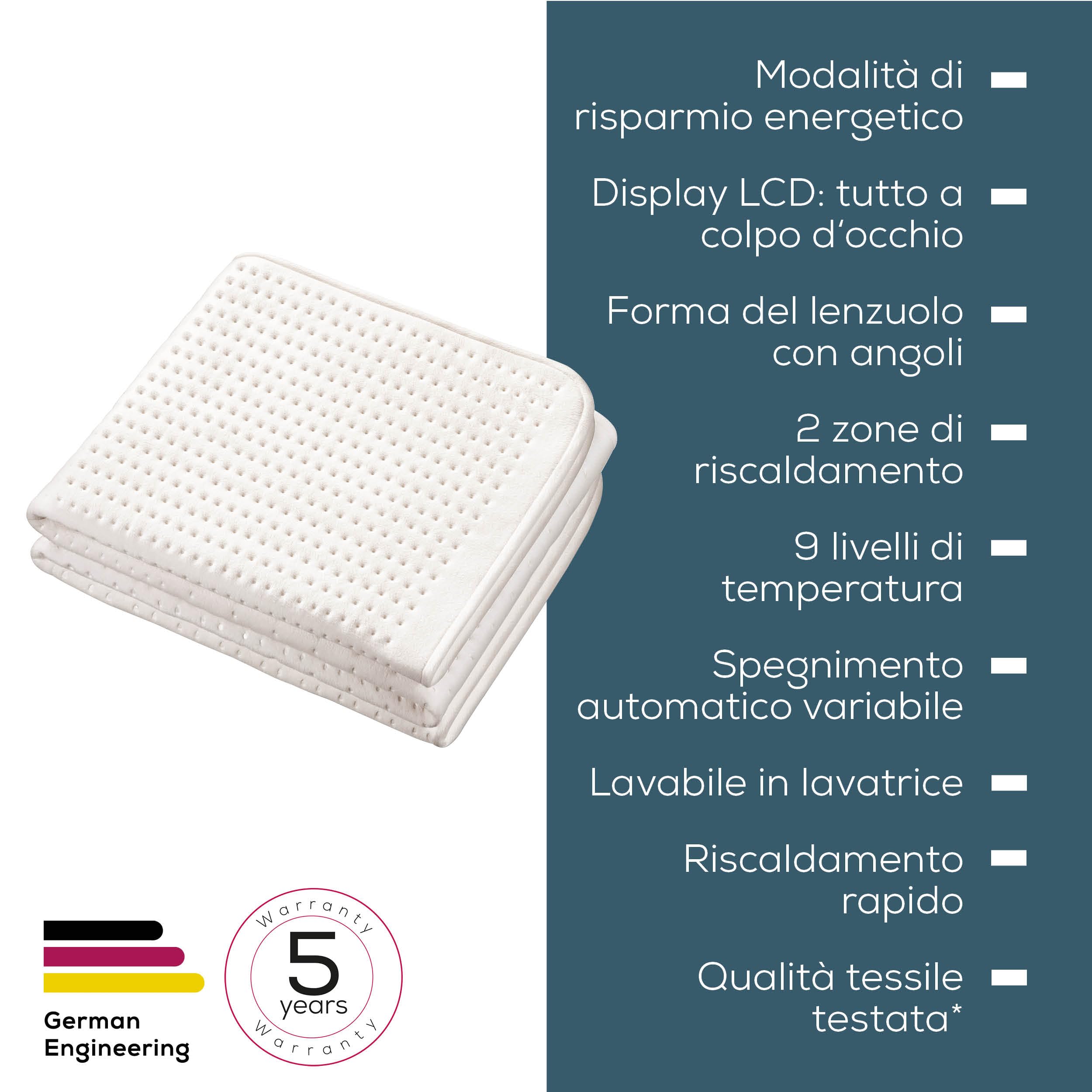 Beurer UB 101 Scaldaletto per materasso singolo 198 × 92 cm, 2 zone di riscaldamento diverse, 9 livelli di temperatura, spegnimento automatico, modalità ECO, lavabile in lavatrice