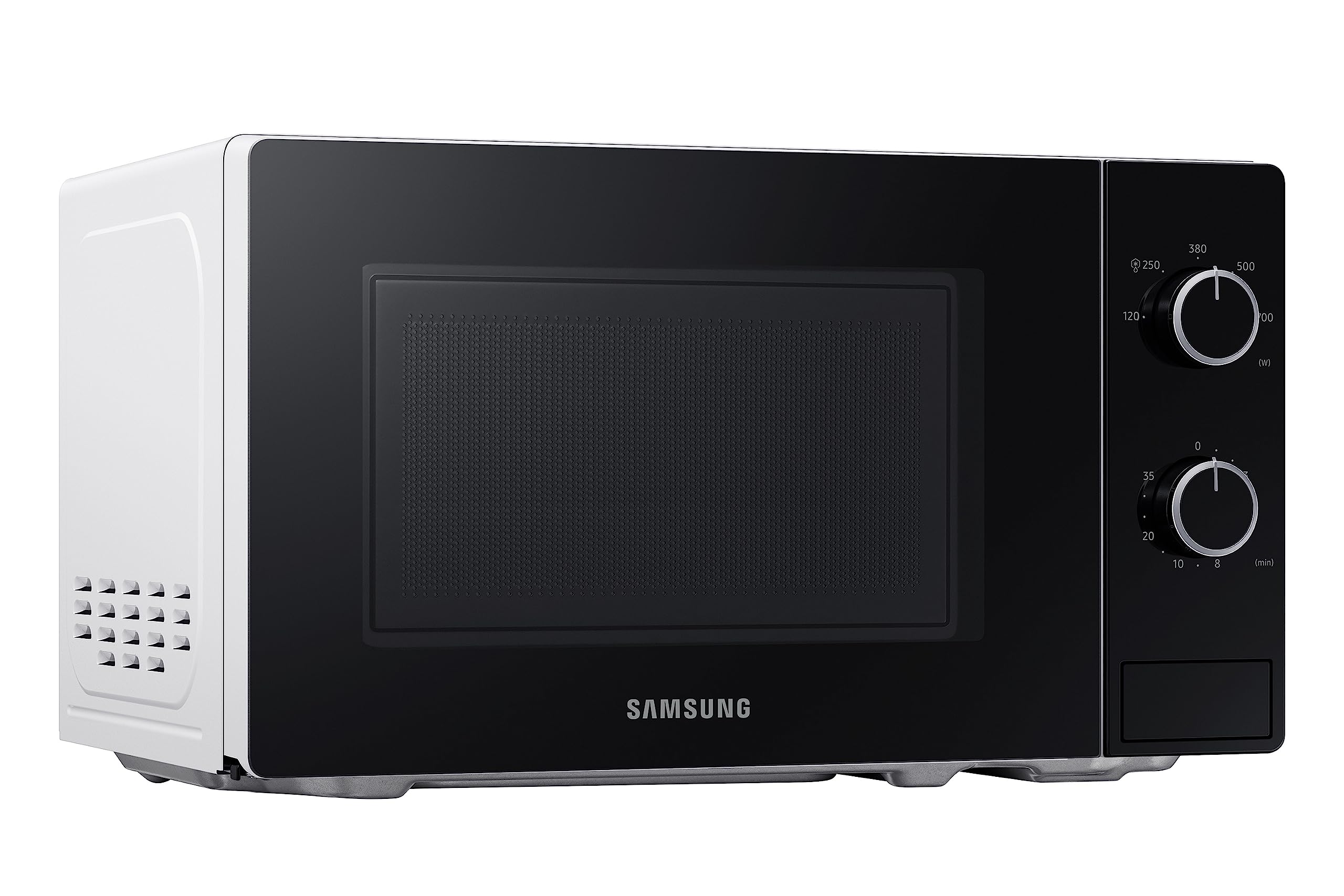 Samsung Solo-Mikrowelle, 700 W, Epoxy-Garraum mit 20 l Volumen, 5 Leistungsstufen, Defrost, Weiß/Schwarz, MS20A3010AH/EG