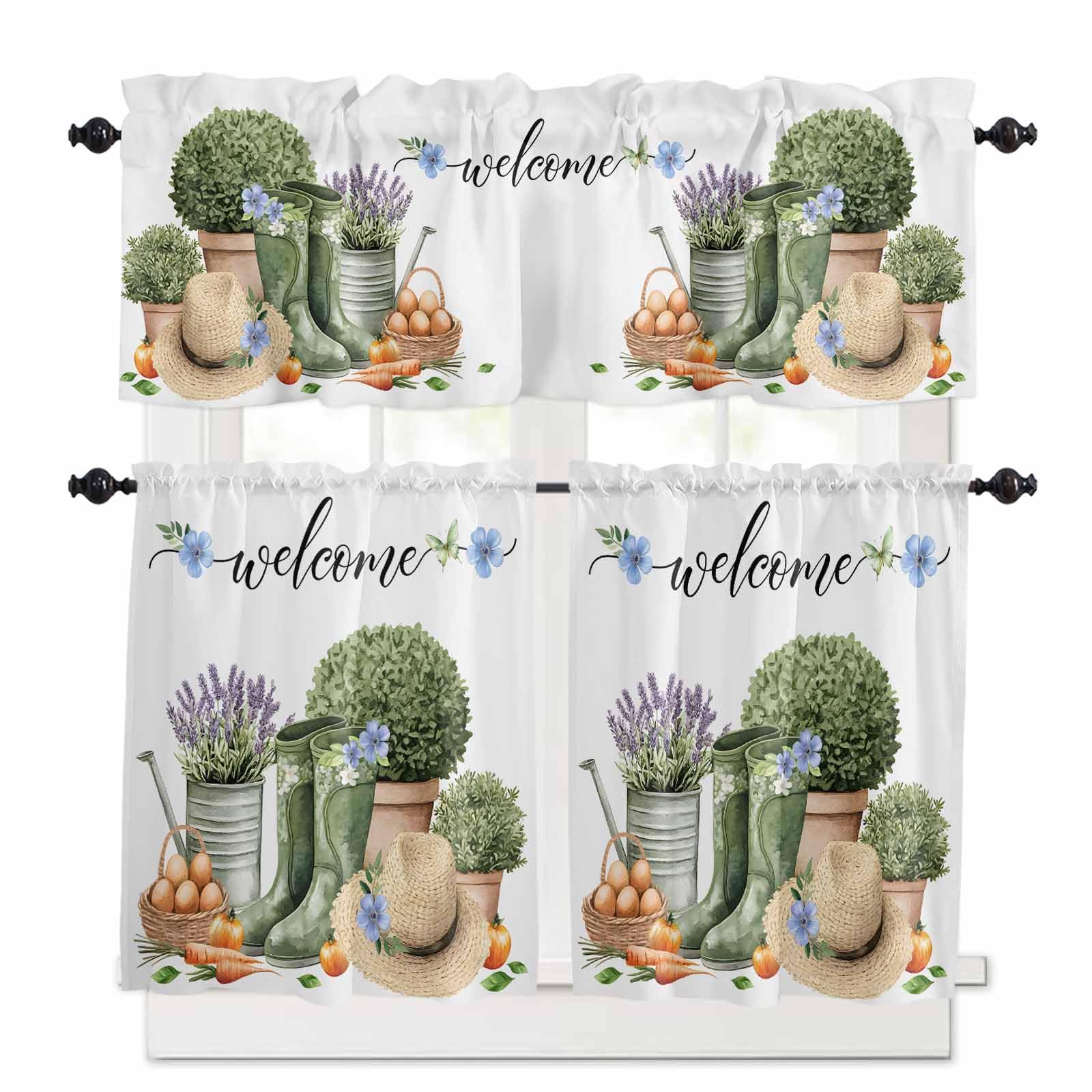 Flowers Butterfly Kitchen Curtains 36 Inch Length,3 Piece Rod Pocket Small Half Tiers and Valance Set,Green Botanical Potted Plant Lavender Small Large Window Treatment Decor for Bedroom/Bathroom