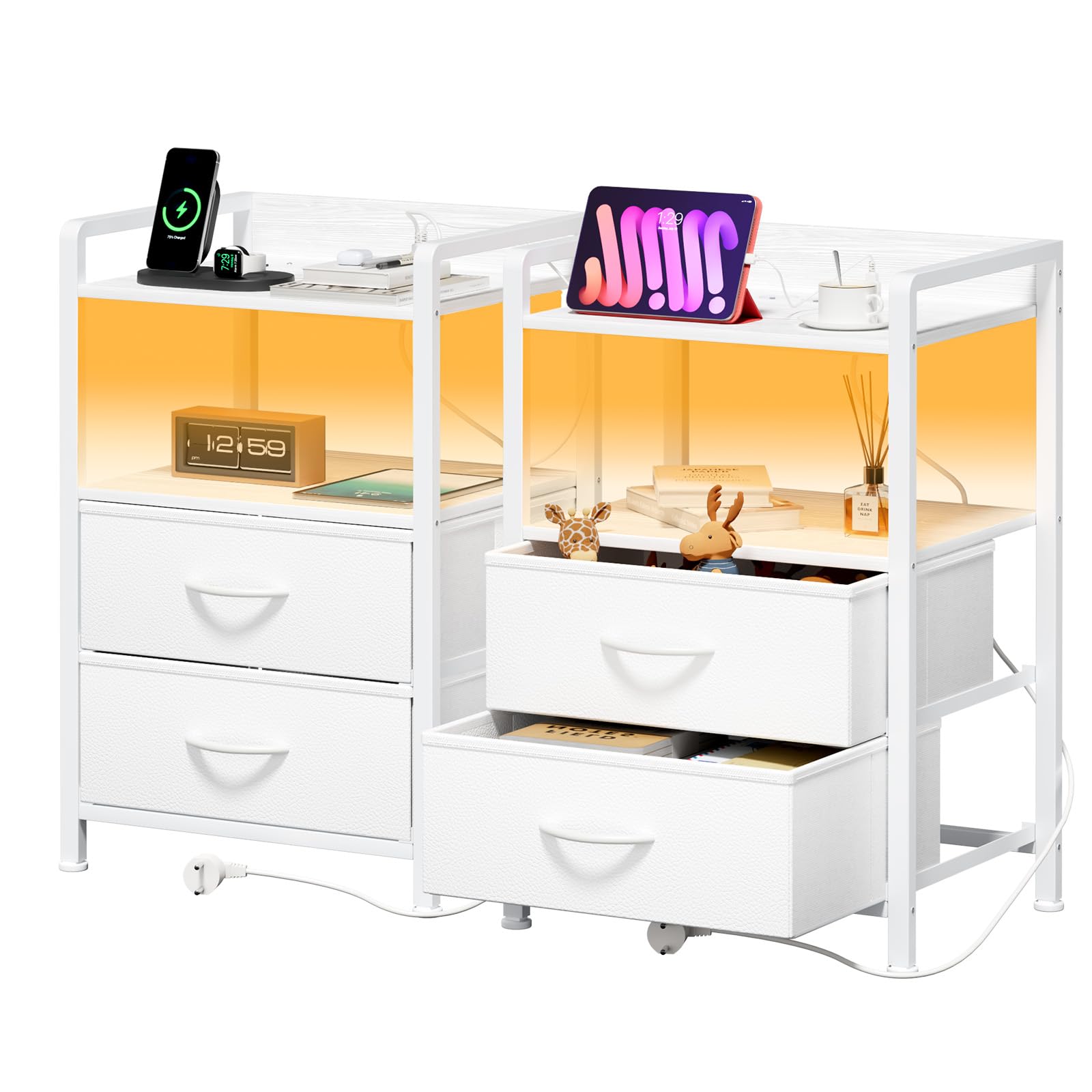 YOUDENOVA Comodino Camera da Letto, Set di 2 Comodini con Luci LED, Presa di Corrente e 2 Porte USB, ComodinI Moderno con 2 Cassetti in Tessuto e 2 Livelli, 30 x 40 x 62cm, Bianco Nuvola