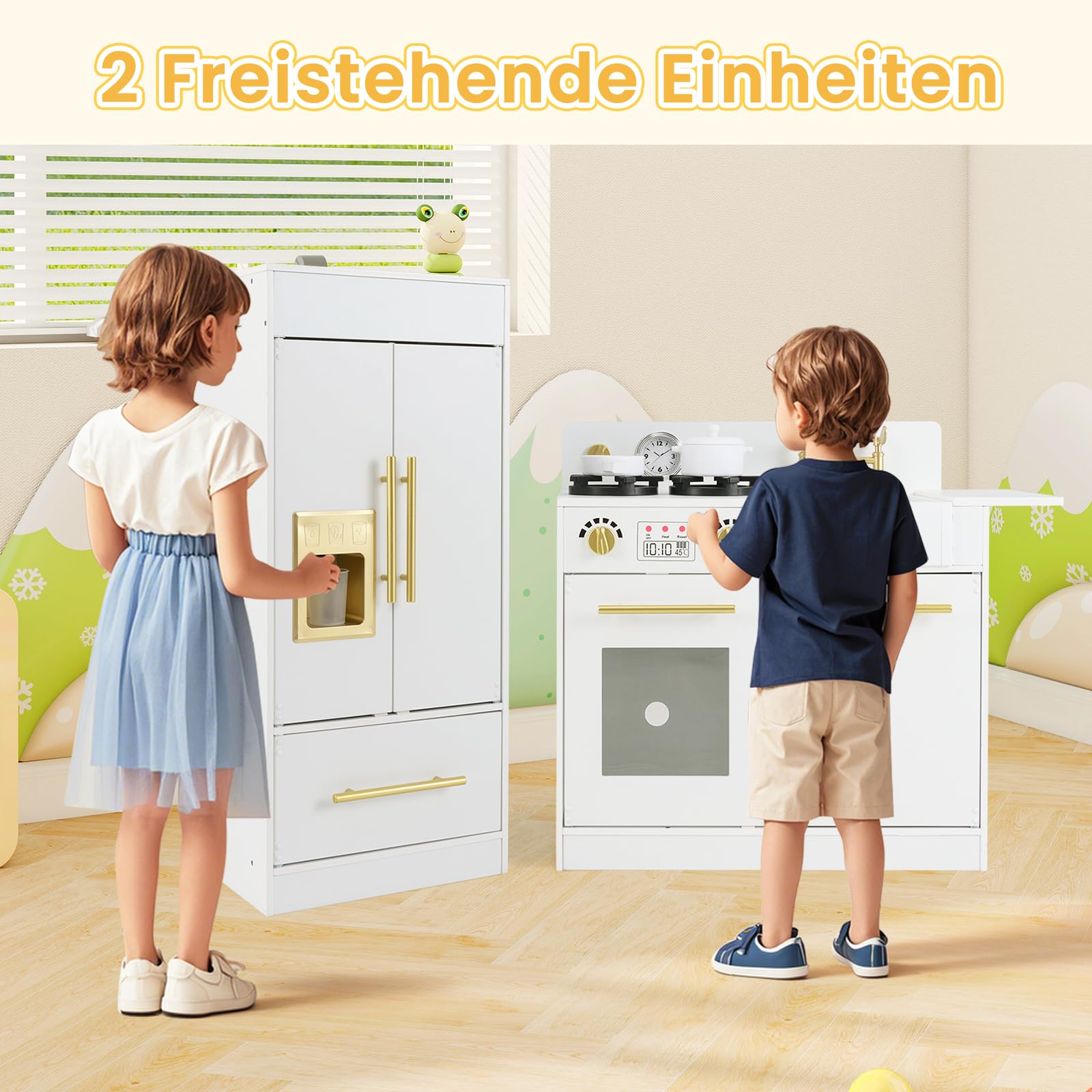 COSTWAY Kinderküche mit Kühlschrank, Spielküche Holz mit Herd & Spüle & Spülmaschine, Spielzeugküche inkl. Zubehör, Holzküche für Kinder ab 3 Jahren