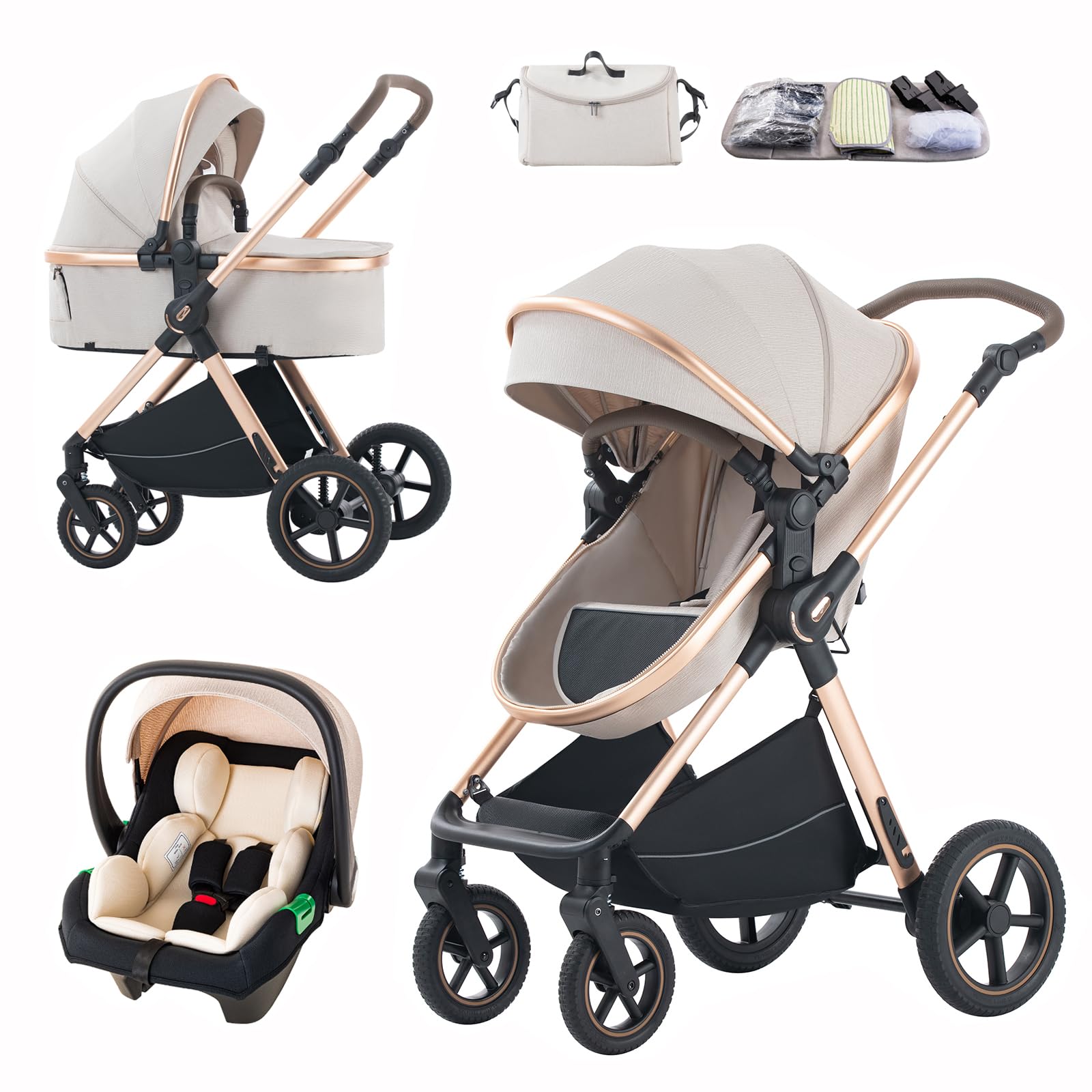 Kinderwagen 3 in 1 Set bis 22 kg mit Aluminiumrahmen höhenverstellbarem Griff für Neugeborene 0-4 Jahre