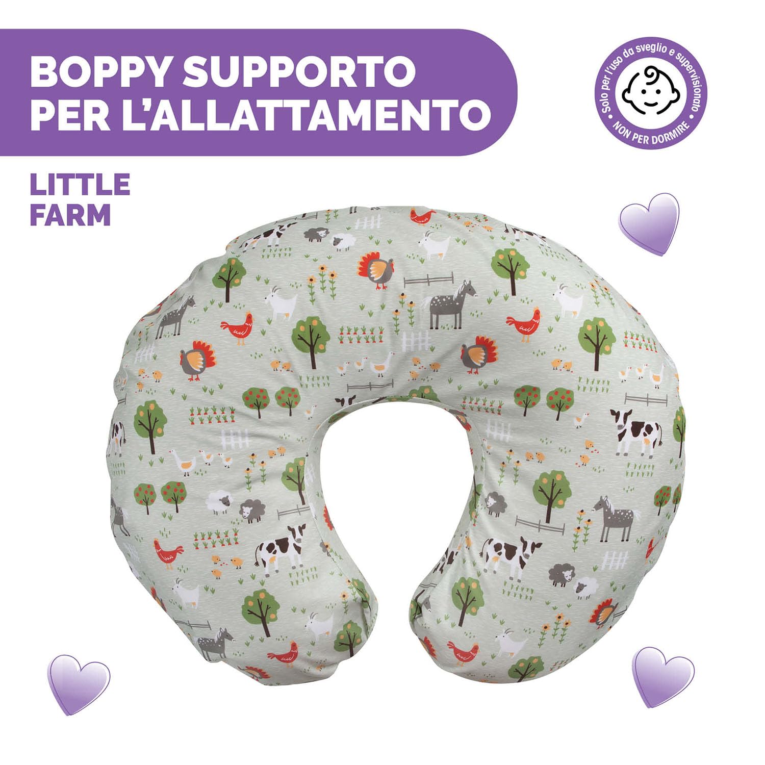 Boppy Cuscino Allattamento per Neonati 0+ Mesi, Forma Ergonomica con Supporto per Mamma e Bambino, Supporto Neonato per Allattamento al Seno e col Biberon, Lavabile in Lavatrice, Fantasia Little Farm