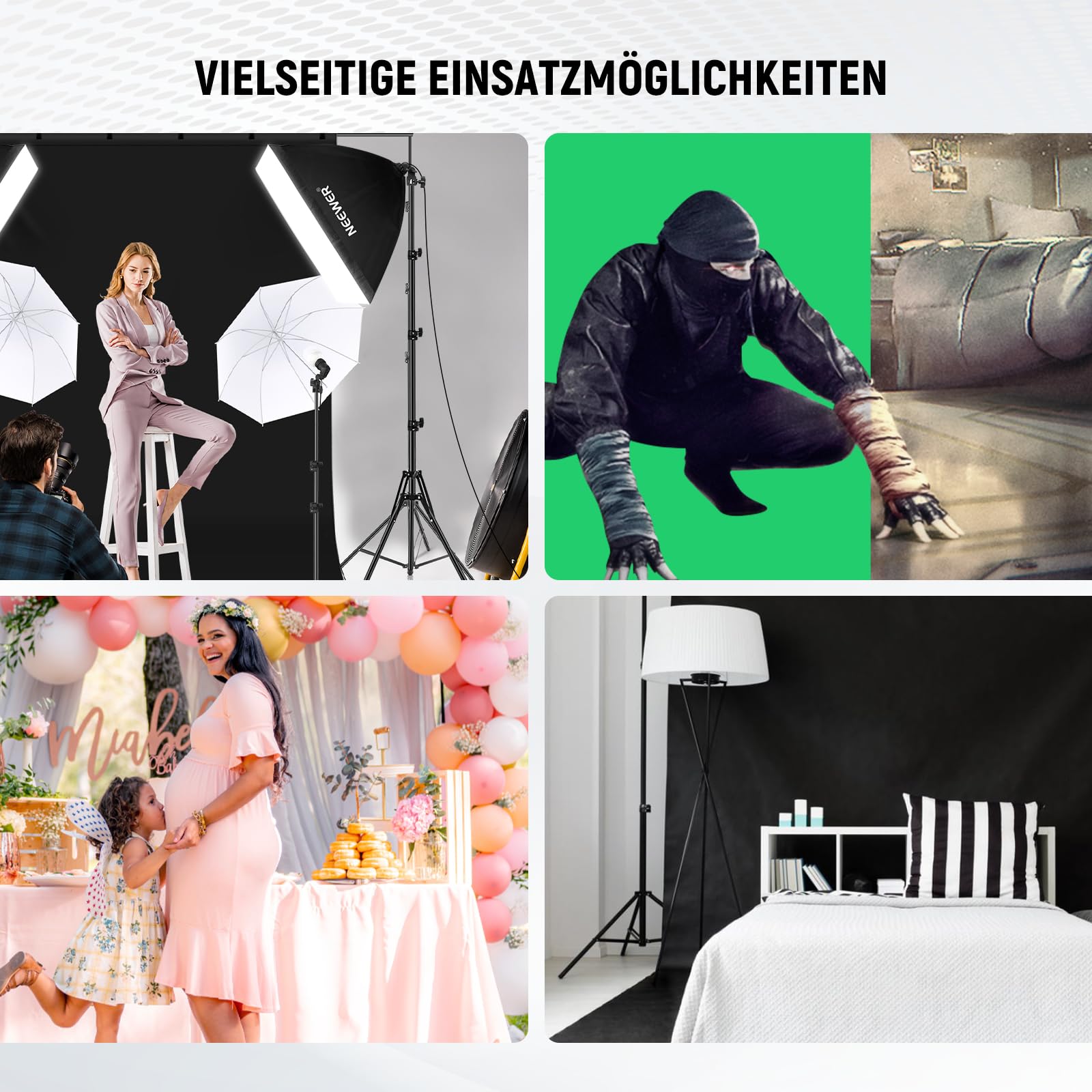 NEEWER Fotografie Dauerlicht Set mit Hintergründen, 2,6x3m Stative, 5700K, 800W, Äquivalent 24W LED Glühbirnen, Schirmen, Softboxen, Reinigungstuch, Fotostudio Leuchte Set für Videoaufnahmen Streaming
