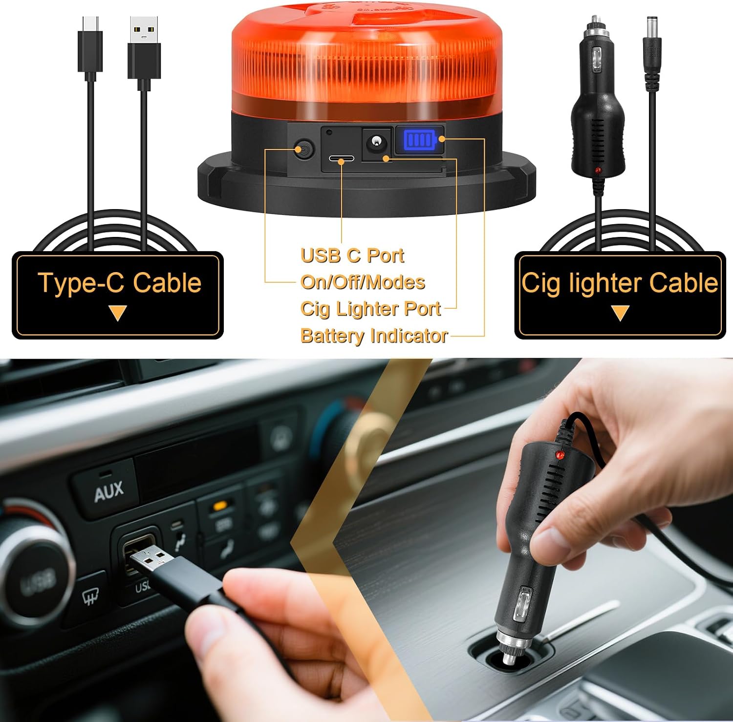 Magnetic Strobe Beacon Light 5 inch,USB-C Rechargeable Safety Warning Flashing Light with 9 Modes,IP67 Waterproof Emergency Lights for Vehicles,Trailer,Trucks,Cars,Amber Strobe Lights for Outdoor Use