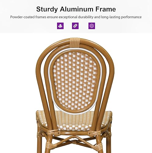 Miniatura 6 de PURPLE LEAF Juego de 2 sillas de comedor para patio, marco de aluminio francés para exteriores, acabado de bambú, ratán tejido ámbar y blanco, para