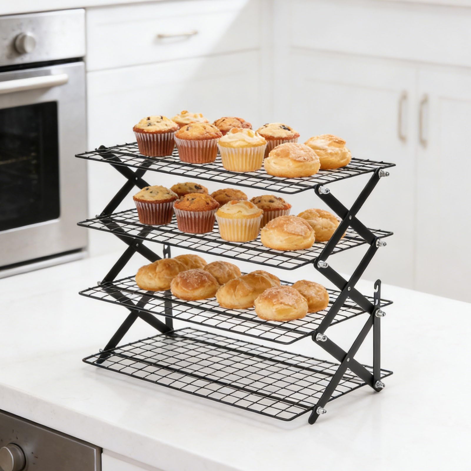 Fdit Rejilla de Enfriamiento Plegable de 4 Niveles, Rejilla para Hornear de Alambre de Hierro para Galletas, Pasteles, Pan, Diseño Expandible que Ahorra Espacio para Almacenamiento