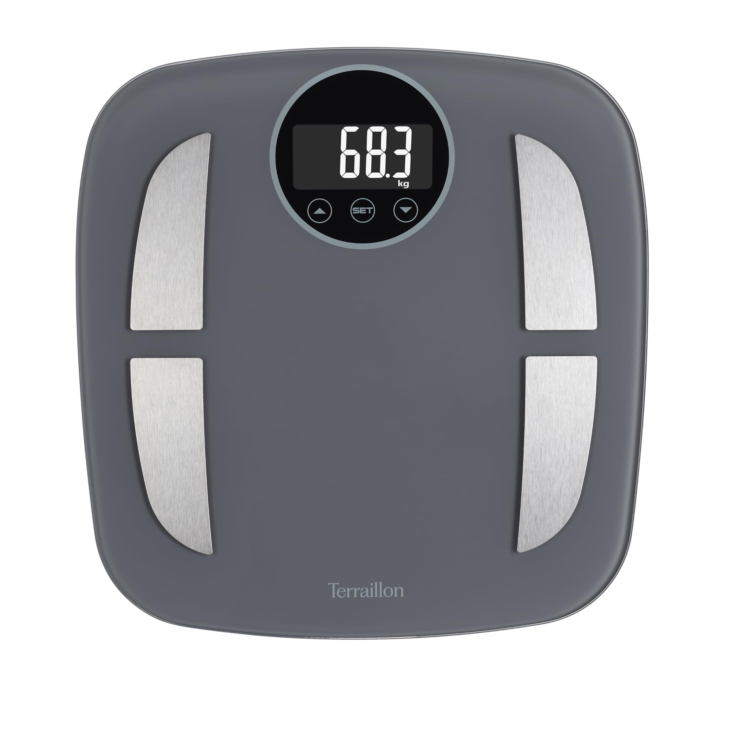 Terraillon Gris - Power Fit- Báscula Electrónica Personal, Impedancia Métrica, Análisis De Masas De Grasa, Muscular, Hídrico, Ósea Imc, Gran Pantalla Retroiluminada, Capacidad 160 Kg, Bandeja De Cristal,