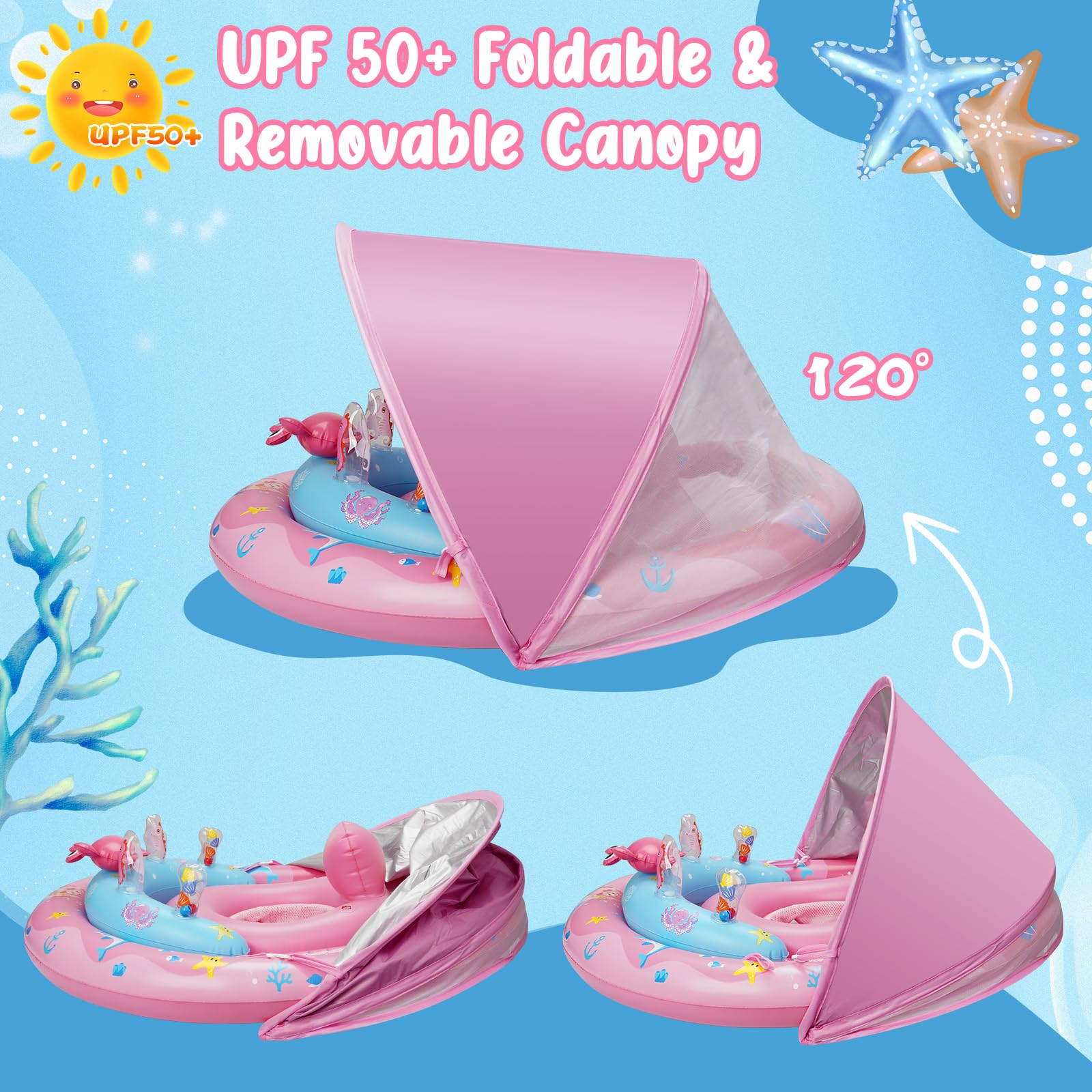 Anello da nuoto per bambini con sedile di sicurezza regolabile e tettuccio parasole UPF50+, aiuto per nuotare e nuotare per bambini da 6 a 36 mesi, stabile piscina galleggiante per mare, lago e vasca
