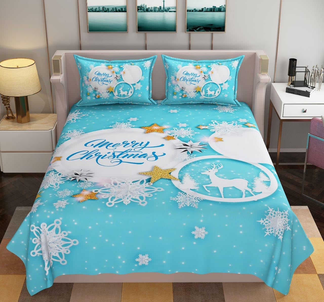 Blenzza Deco™ Glace Cotton 250TC Digital Printed Christmas/New Year/Kids Flat Double Bed Sheet with 2 Pillow Cover (Merry Christmas Light Blue)
