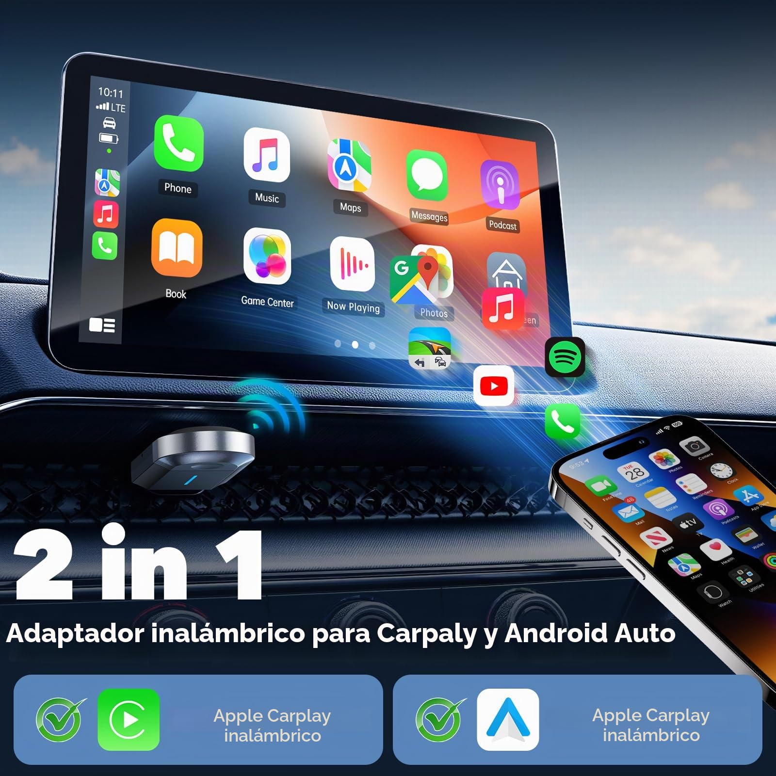 LAMTTO Adaptador Carplay Inalámbrico 2 en 1 Carplay Android Auto con y USB-C/A, Plug & Play, Conexión Fluida y Estable, Sin latencia, Wireless Compatible con iOS 10+/Android 11+ y