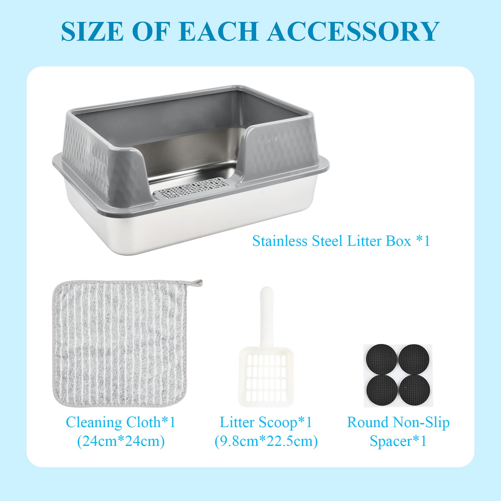 Lettiera per gatti in acciaio inox, 50 x 35 x 20 cm, grande con recinzione rialzata rimovibile, apertura senza coperchio con pala e panno, efficace paraspruzzi e facile da pulire, grigio