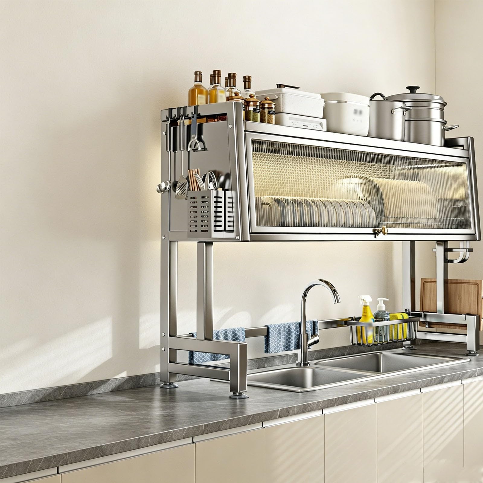 Mdeufywegb A Over-The-Sink Dish Drying Rack — Dustproof Stainless Steel Bowl Rack With Cover — Kitchen Countertop Organizer (Includes Utensil Holder)(85*80Cm/33.5*31.5In)