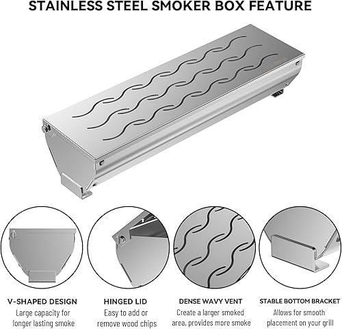 Miniatura 3 de Skyflame Caja de ahumador de virutas de madera de acero inoxidable, ahumar carne de barbacoa con ventilación ondulada y tapa con bisagras, gran