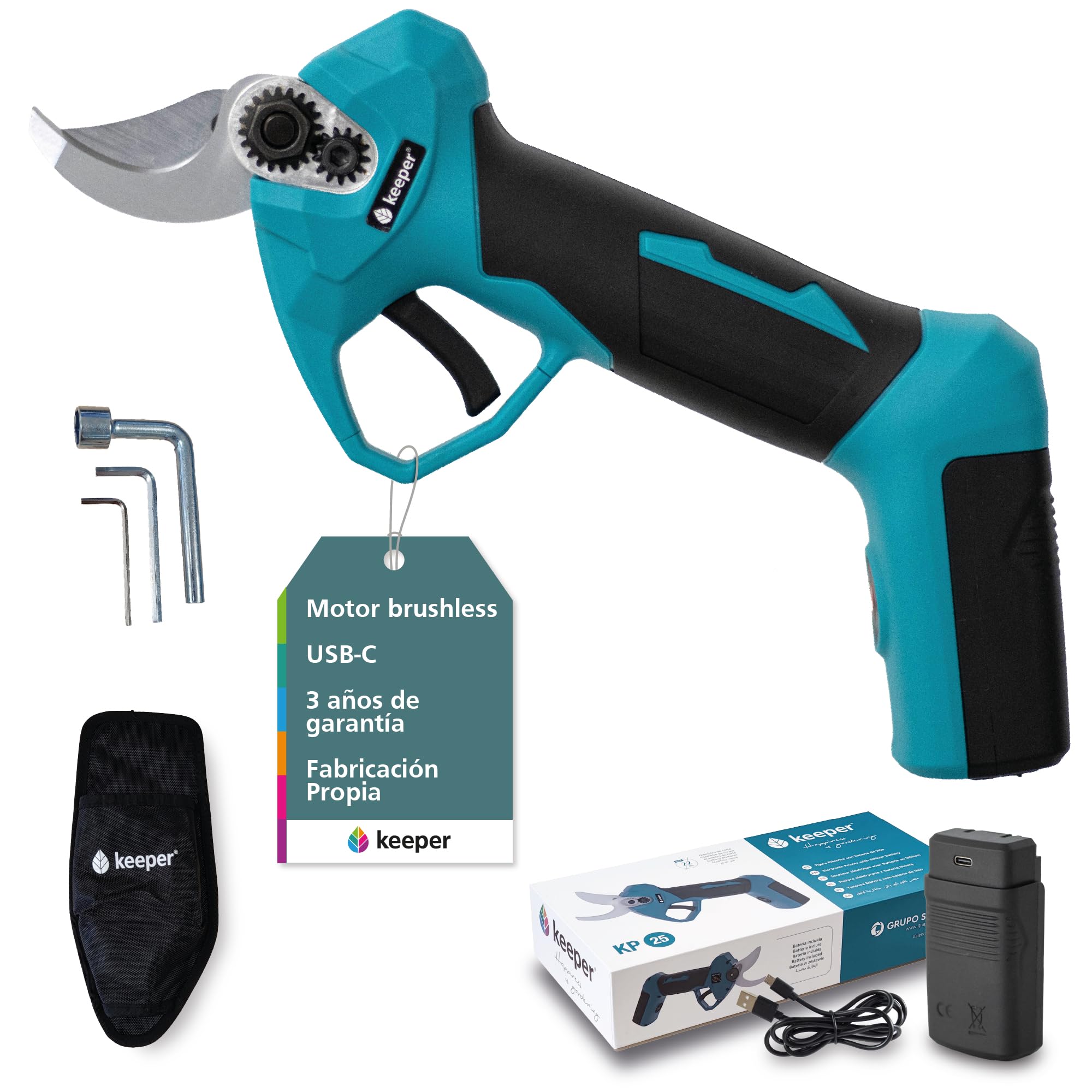 KEEPER KP25.Tijera de podar Eléctrica para jardinería inalambrica. Corte Ø 22 mm. Motor 7,2 V. 2,5 Ah.Autonomia de 3h. Batería extraible incluida. Carga USB.Poda Eléctrica. Jardineria Profesional