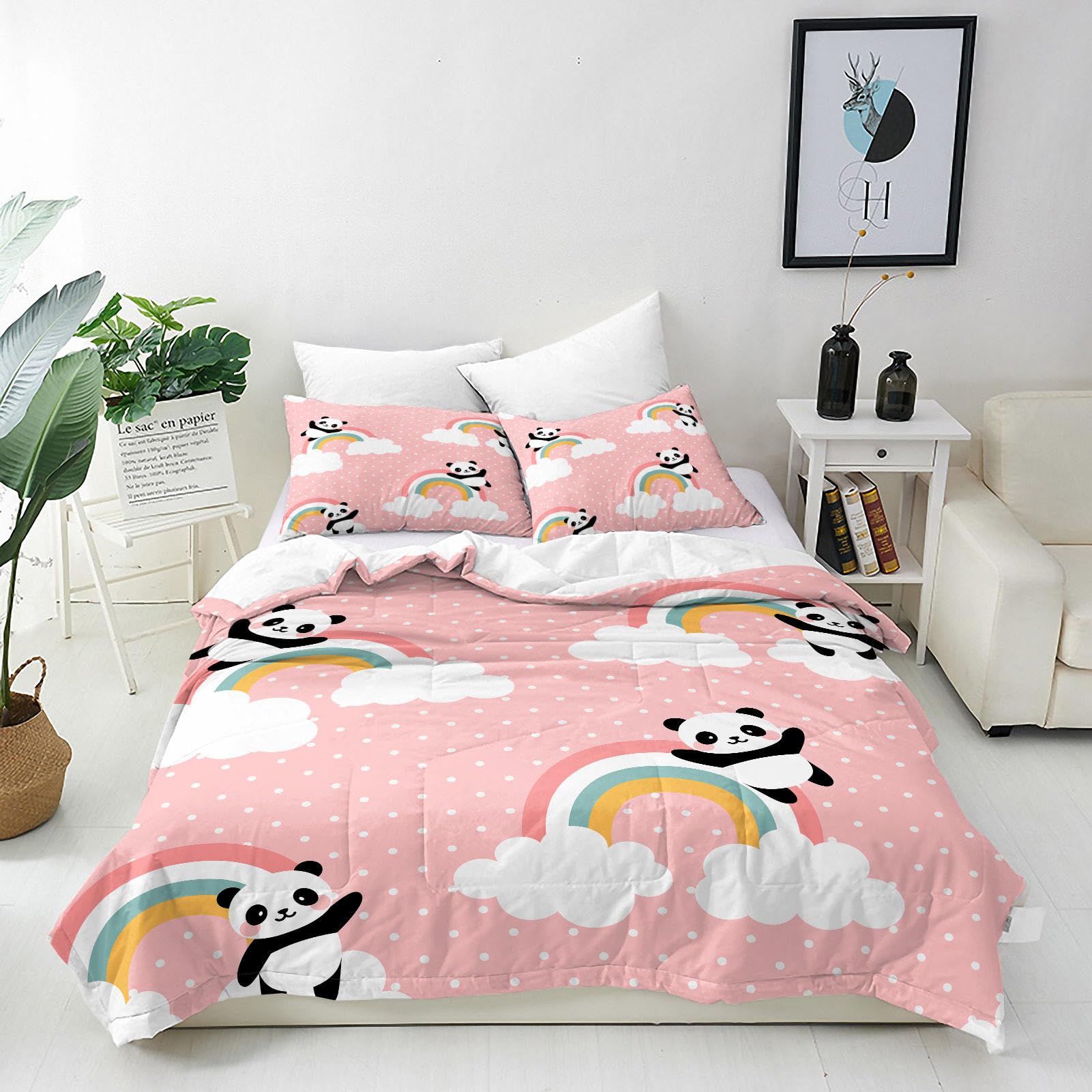 ANHOPE Custom Duvet Cover & Pillowcase Customized Size Bedding Set with Pink Background Panda Bear Printed Pattern Personalised Quilt Cover for All Season