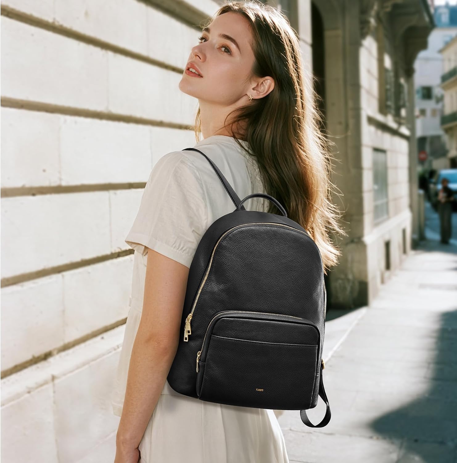 Kattee Leather Backpacks for Women,Fashion Multi-fuction Bag with Card Zipper Bag Attached at the Back for Travel Work Shopping and School, Black - Image 7