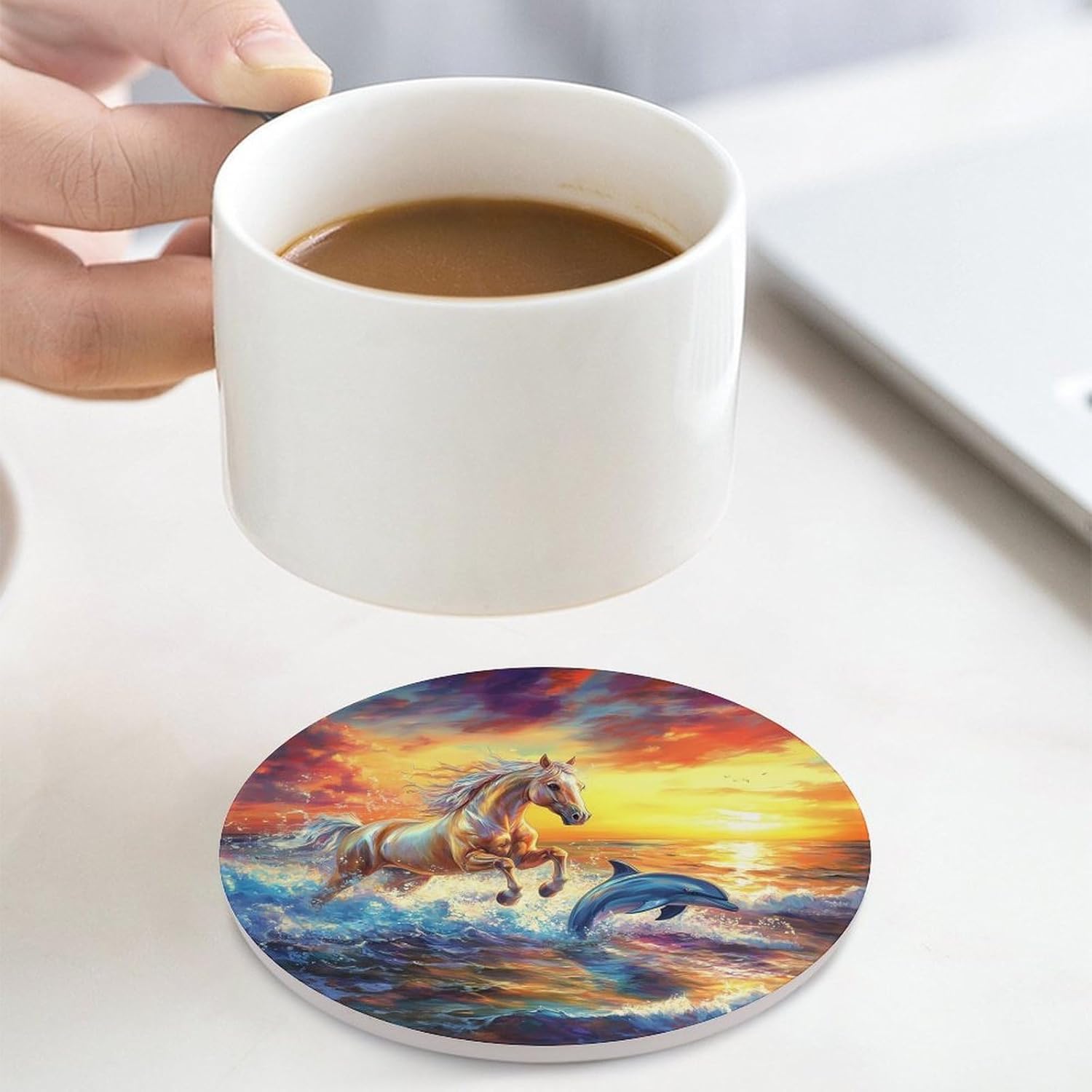 Horse Dolphin Sunset Funny Round Ceramic Coasters for Drink Absorbent Cup Holders Tabletop Protection