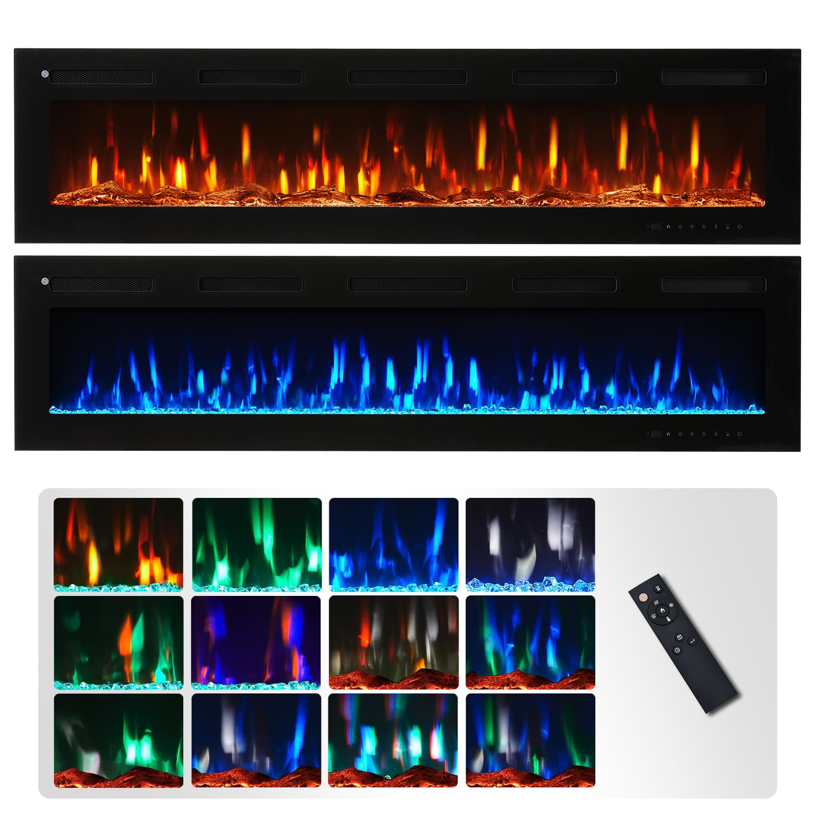 Flameko Black Winslow 173Cm/68" 3-In-1 Electric Fireplace, Recessed, 9 Colour Led Flame Effect, Touch Screen & Remote, Tv Safe Media Wall, 2 Heat Setting Fan Heater 900W-1800W Logs & Crystals Included