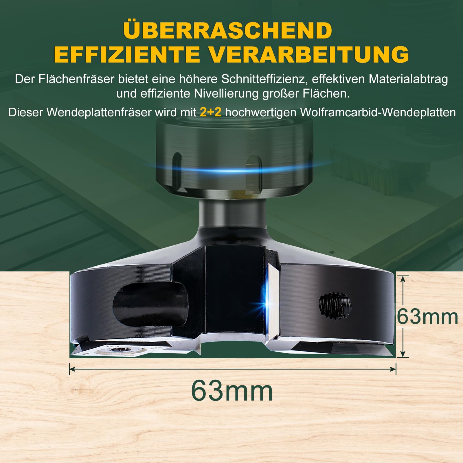 Frez czołowy 12 mm trzpień 63 mm średnica cięcia, frez do płyt dwustronnych | 4 flety, 2 + 2 płytki obracane z węglika wolframu 12 mm, 4 użyteczne ostrza na płytkę, frezy CNC