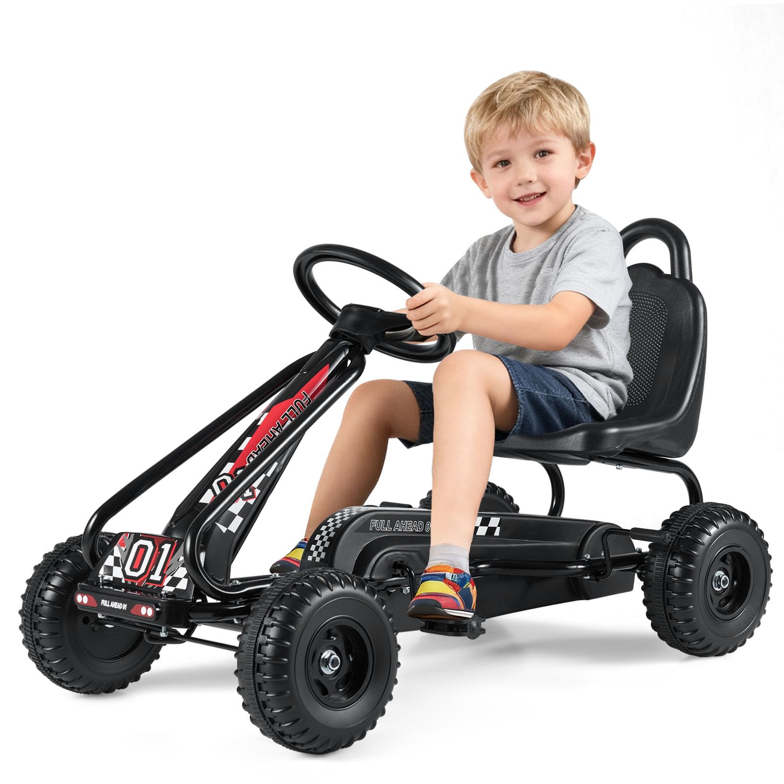 GOPLUS Gokart z regulowanym siedziskiem, autko na pedały z ręczną hamulcem i zamkniętym osłonięciem łańcucha, bieg do przodu i wsteczny, pojazd na pedały dla dzieci od 3 lat do 30 kg (Czarny)