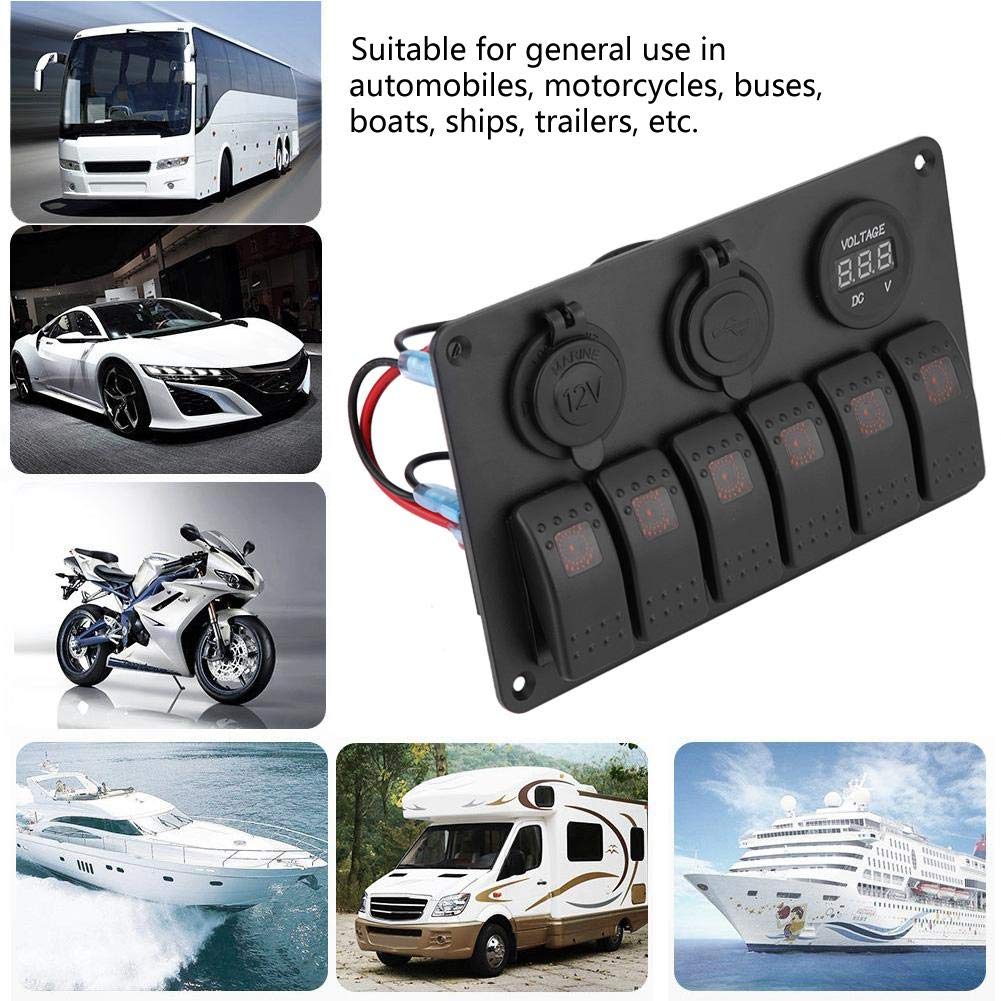 KIMISS 6-gangowy panel przełączników LED 12V 24V dla samochodu i łodzi z USB, woltomierzem i zapalniczką, pomarańczowy