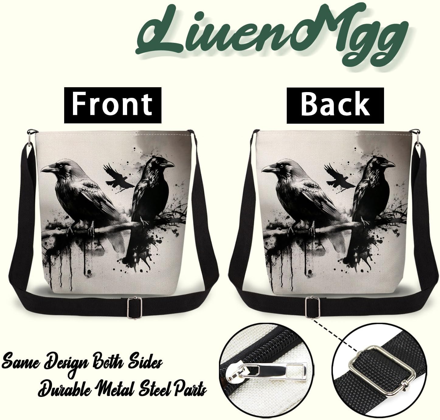 Ink Crow Print Canvas Crossbody Bag, Adjustable Strap Lightweight Purse with Top Zipper & Inner Pocket, Daily Shoulder Bag Gift for Women -5 - Image 5