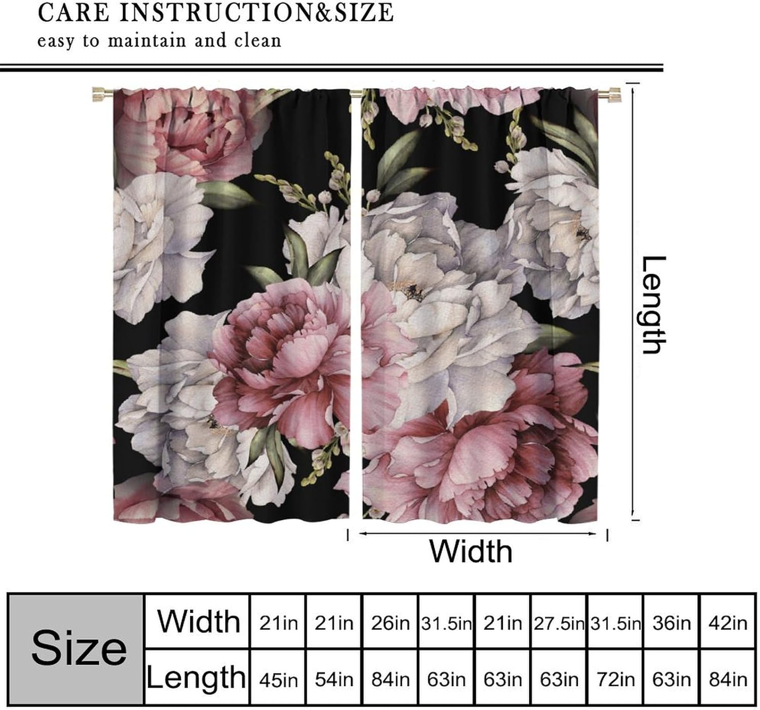 Black Boho Floral Blackout Curtain Vintage Watercolor Rose Peony Retro Pink Blossom Flowers Rustic Spring Leaf for Home Kitchen Restaurant Decoration Window Drapes 2Panel 42" W X 45" L