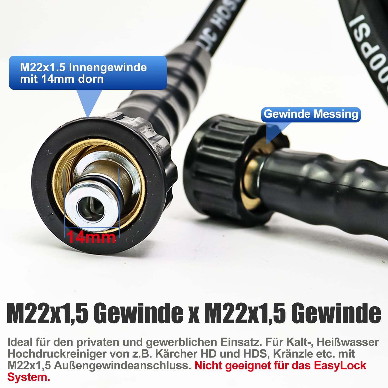 20 m Hochdruckreiniger Schlauch M22 x 1,5, 276 bar Hochdruckreiniger Verlängerungsschlauch, Gummischlauch mit Stahlgeflecht, knickfester Hochdruck-Ersatzschlauch mit M22x1,5 mm männlicher Verbinder
