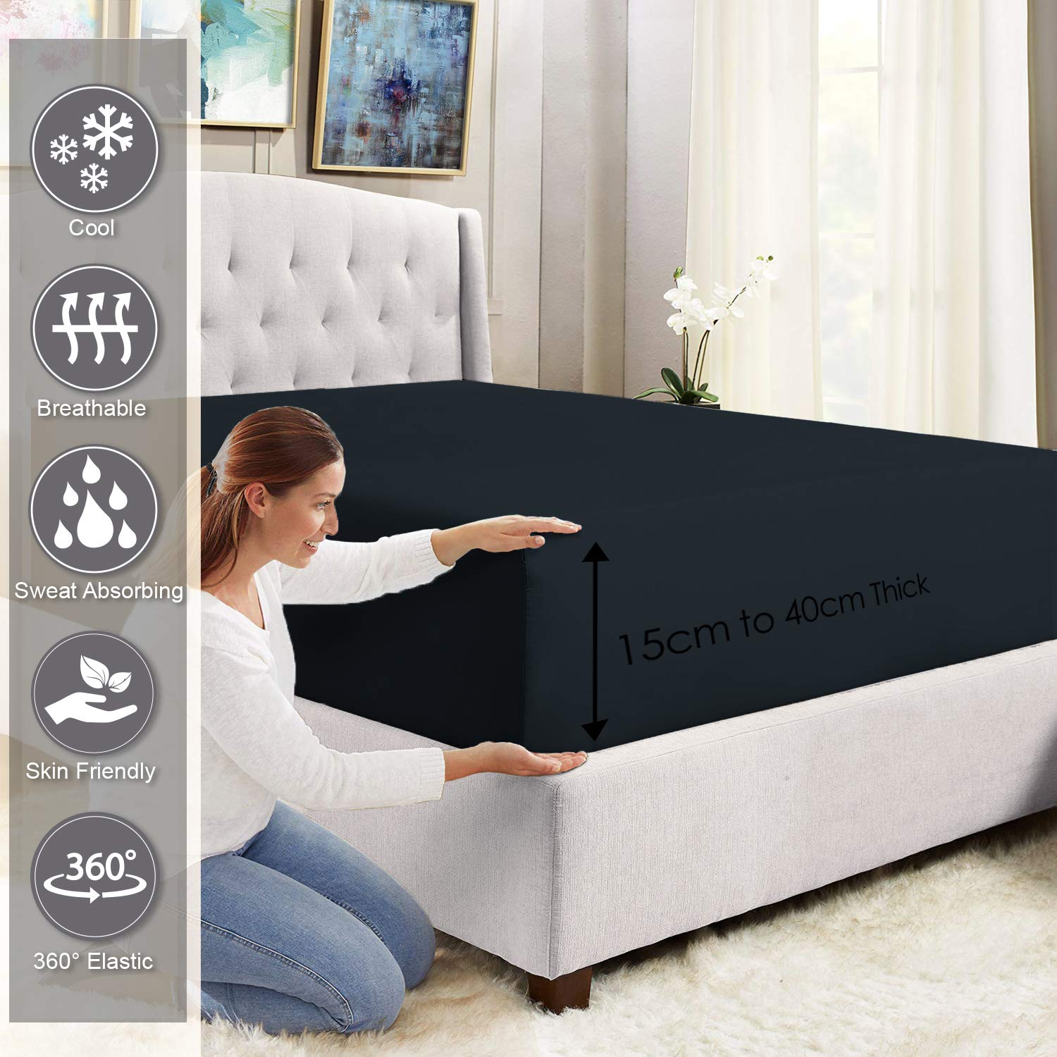 Pizuna 100% Cotton Fitted Sheets King Size Black, 400 Thread Count Long Staple Cotton King Size Fitted Sheet 160x200 cm - Image 2