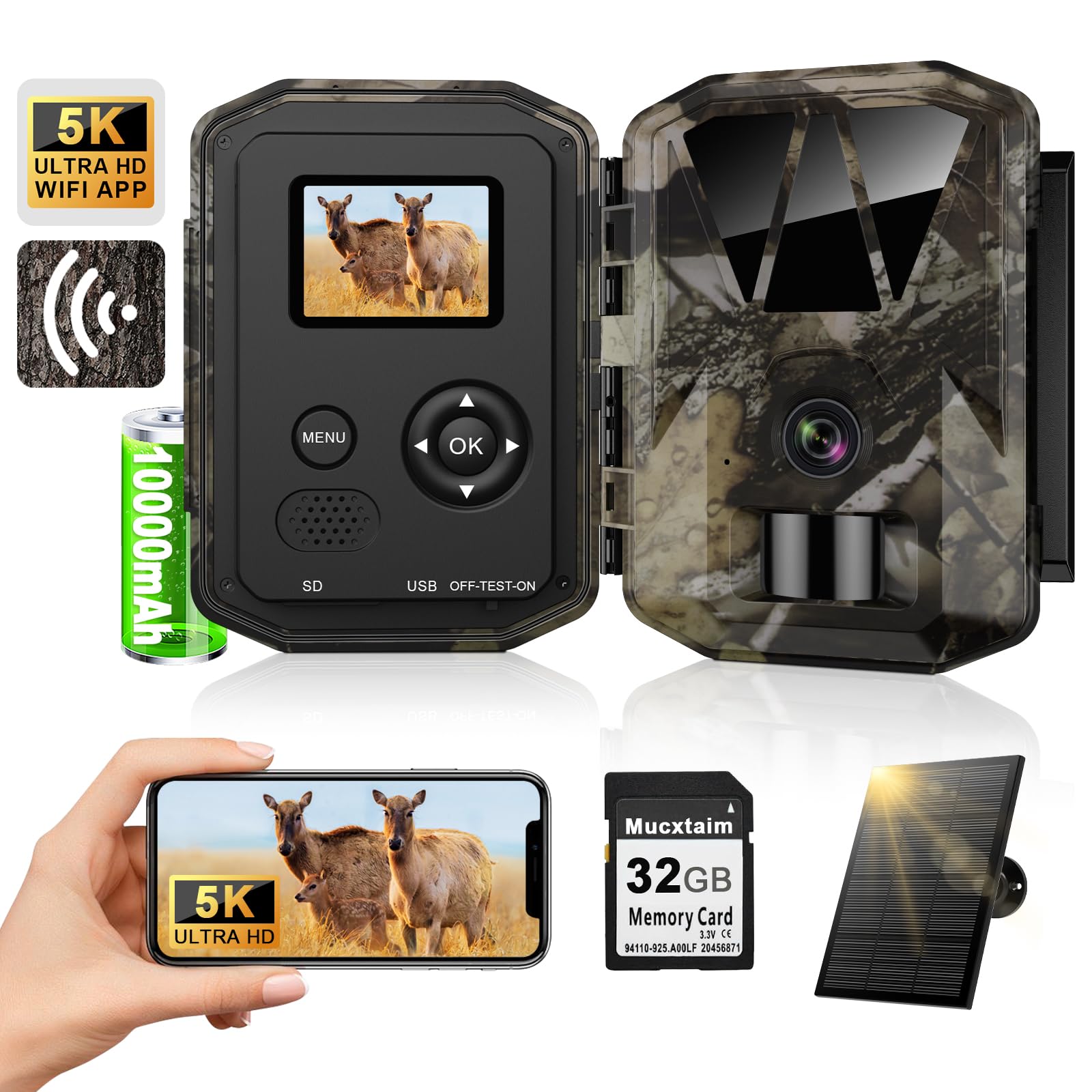 Mucxtaim Solar Wildkamera 5K/64MP WLAN, mit 10000mAh Wiederaufladbarem Akku | Wildkamera mit Handyübertragung App, Wildtierkamera mit Nachtsicht Bewegungsmelder, 32G SD Karte, 0,1s Auslösezeit, IP66