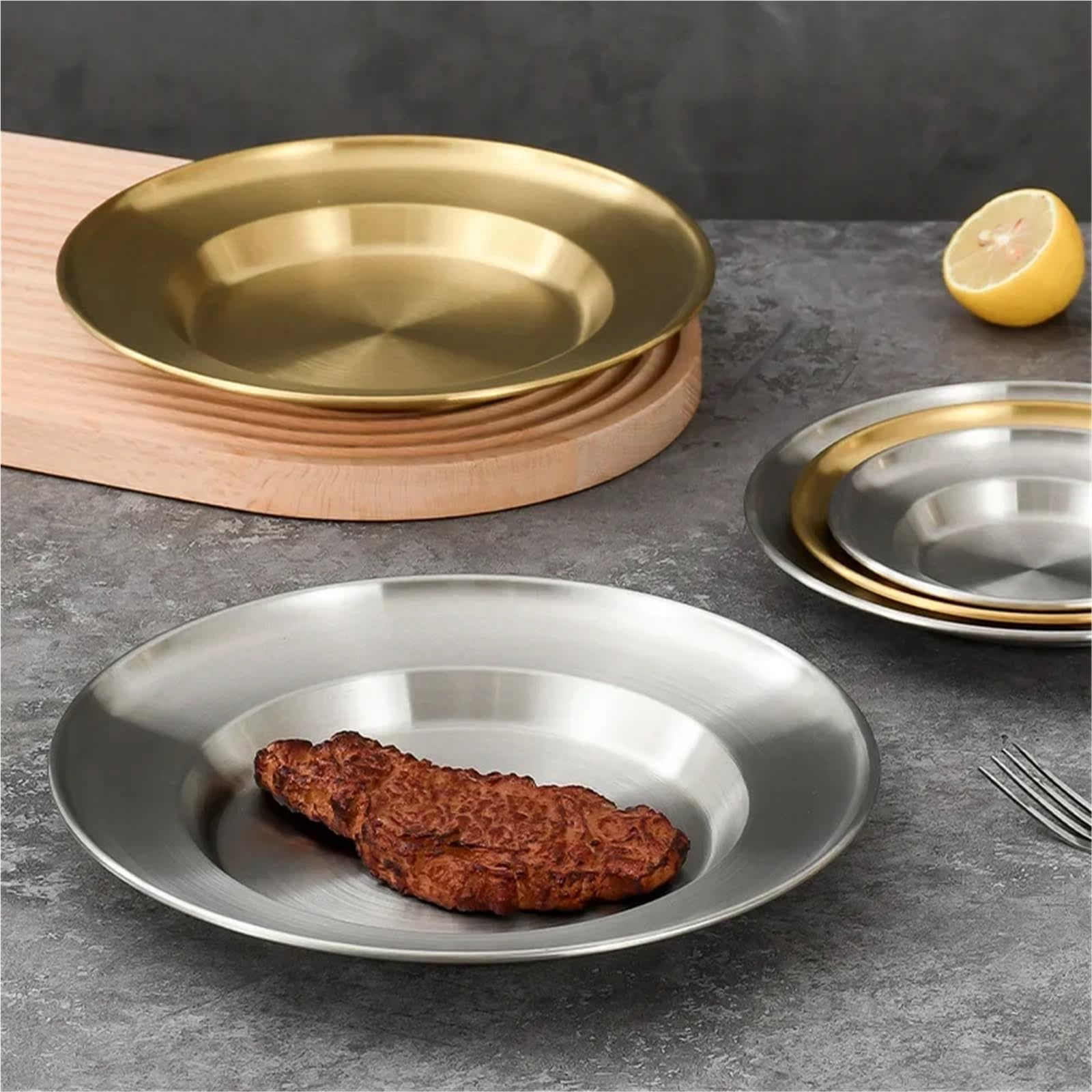 Bandeja de Servicio de Acero Inoxidable 4 Platos Redondos de Acero Inoxidable for escupir Huesos, Bandeja Poco Profunda, Plato Metal for Acampar, Comedor, Picnic, Utensilios Cocina(30cm)