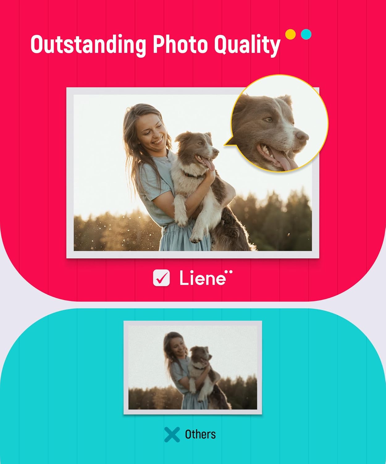 Comparison image showing outstanding photo quality from Liene printer versus lower quality from other printers.