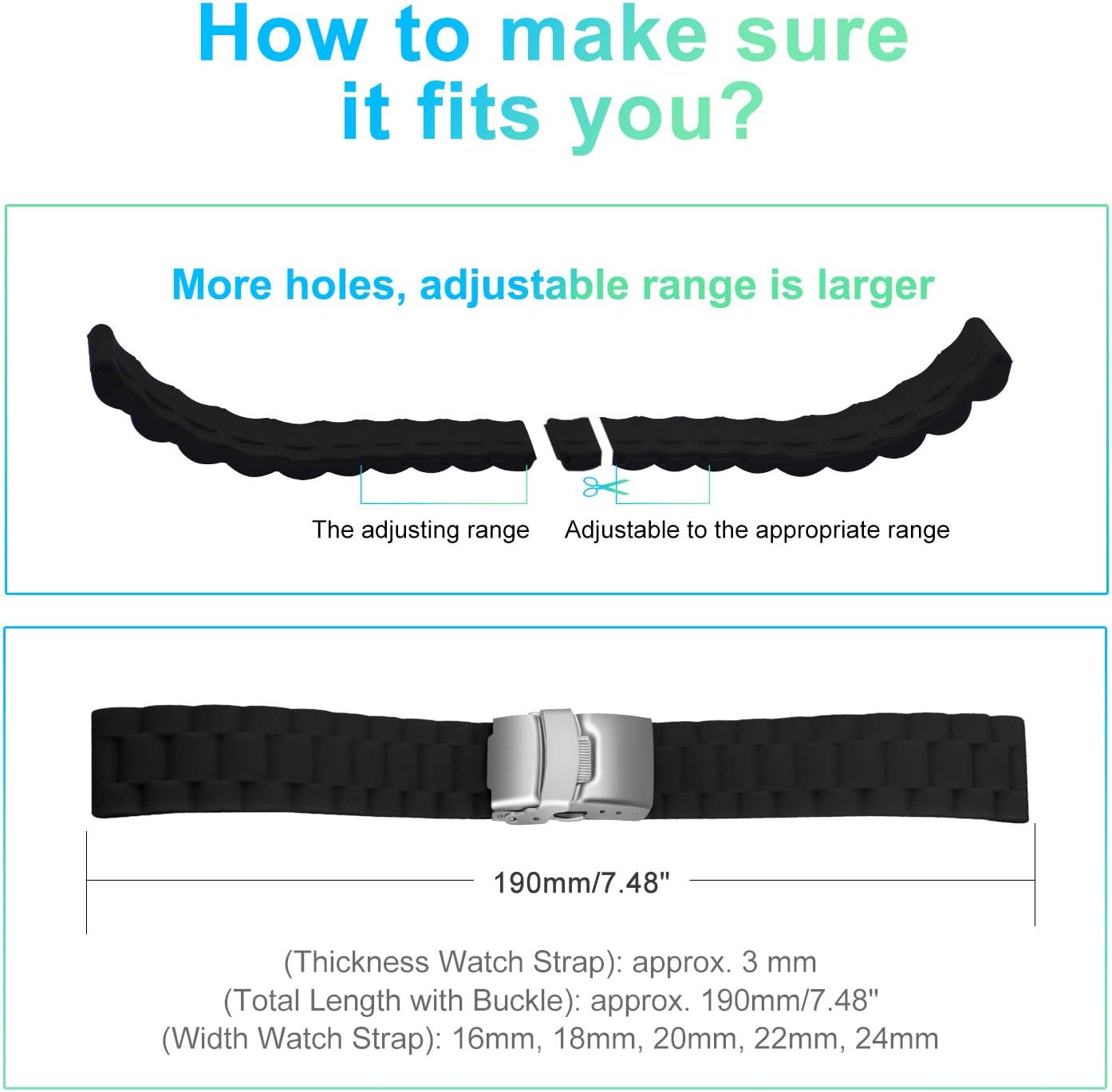 ULLCHRO Silicone Watch Strap Replacement Rubber Watch Band Waterproof Link Pattern - 16mm, 18mm, 20mm, 22mm, 24mm Watch Bracelet with Stainless Steel Deployment Buckle - Image 5