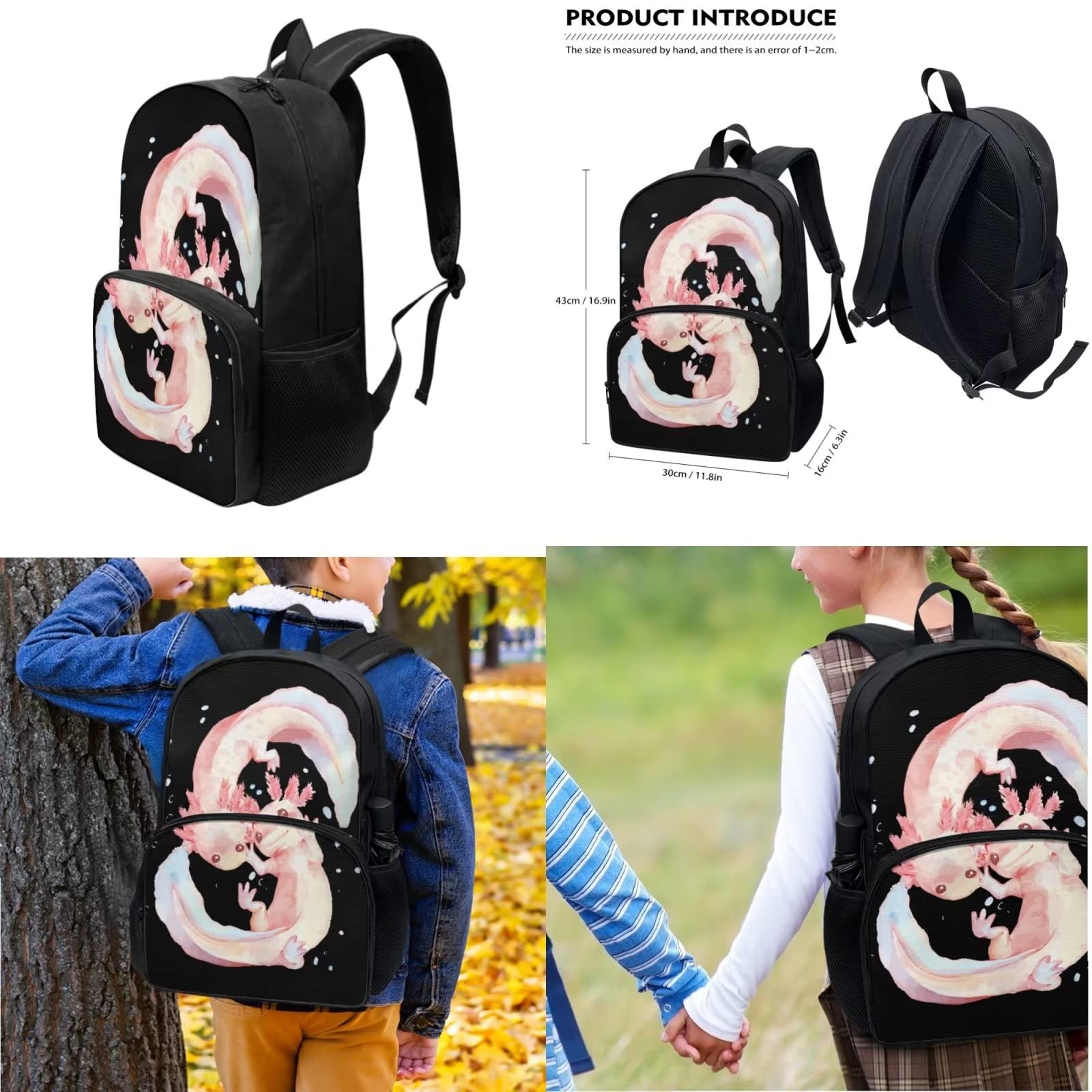 POLERO Mochila escolar de caballos para niños, juego de bolsas de almuerzo, estuche para lápices, 3 piezas, bolsas escolares, Axolotl, Talla única, Mochila infantil