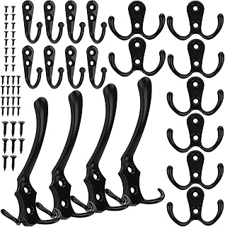 Coat Hooks Wall Pack of 20 Coat Hooks Black 8 Hooks for Screws 8 Double Hooks 4 Three Coat Hooks Metal Wall Hooks Key Hook...
