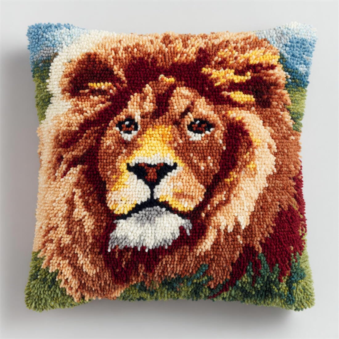 Kitquiver Animal Latch Hook Cushion Set Lion DIY Latch Hook Kits Pillow Printed Cushion Crochet Yarn 3D Embroidery Set Pillowcase Rug Home Decor 17x17In