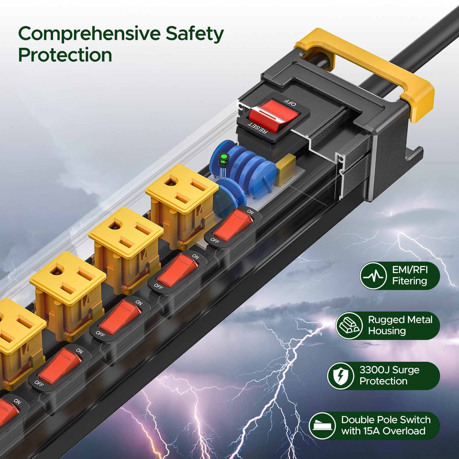 Regleta de alimentación resistente de 10 tomas con interruptores individuales, protector de sobretensiones de metal, enchufe plano, protección de sobrecarga 3300J 15A/1875W, gestión de cables de 6