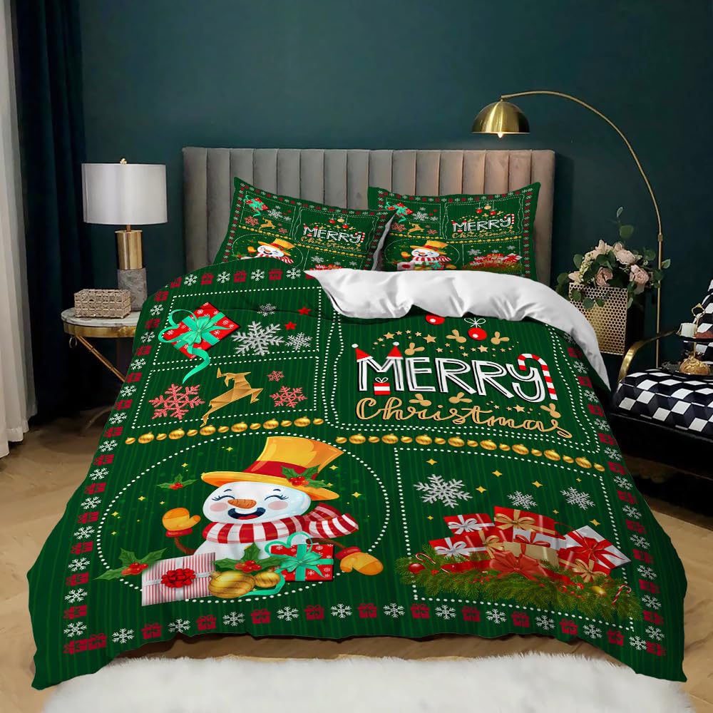 Housse de couette de Noël 140x200 verte à rayures et bonhomme de neige pour lit enfant
