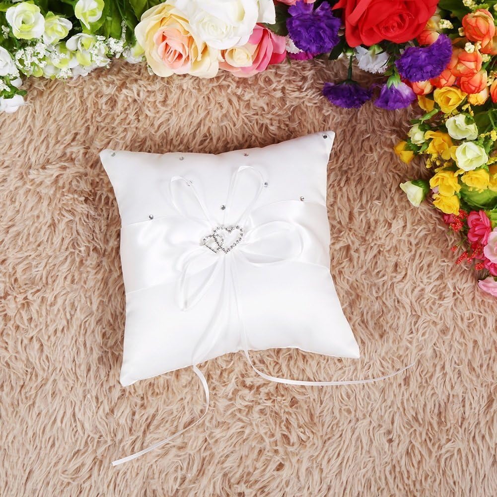 Yosoo 20cm x 20cm Bridal Wedding Pocket Ring Pillow Cushion Bearer with Double Hearts Decoration, Ivory White