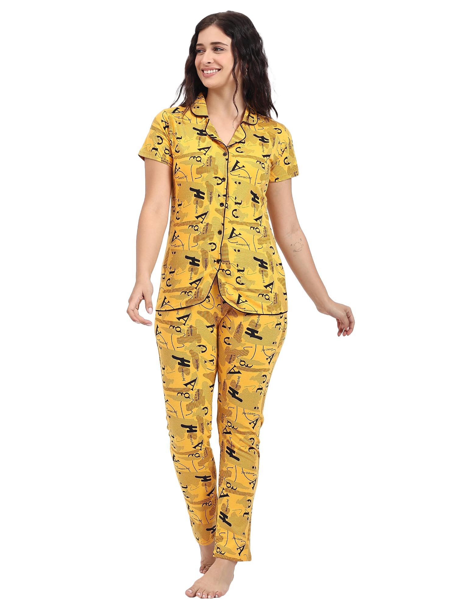 Women's Printed Night Suit with Pajama Set, Short Sleeve Button-Down Top with Full Length Pants, Yellow Paris Pattern-image-31