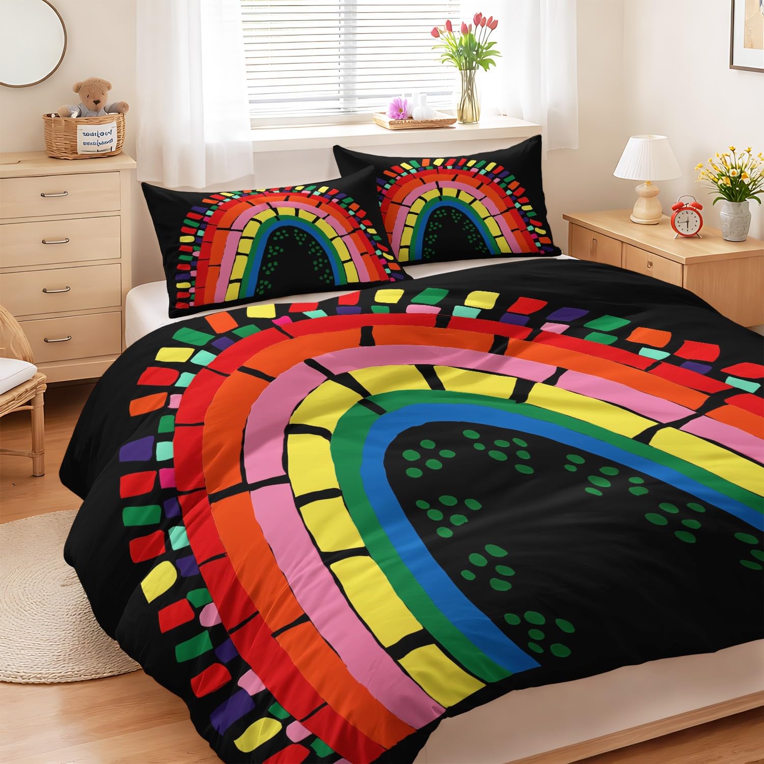 3-częściowy komplet pościeli z kreskówki, 240 x 220 cm, kolorowa poszewka na kołdrę – kolorowa bloczek kolorów, patchwork, miękka mikrofibra, 2 poszewki na poduszkę 80 x 80 cm, czarna