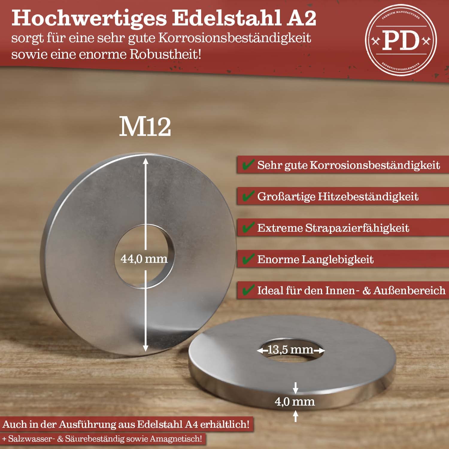 PD® Holzbau Unterlegscheiben M12 (DIN 440 Form R/ISO 7094) | Hochwertige A2 V2A Edelstahl Holzbauscheiben | Rostfreie Edelstahlscheiben Beilagscheiben für Holzkonstruktionen | 100 Stück