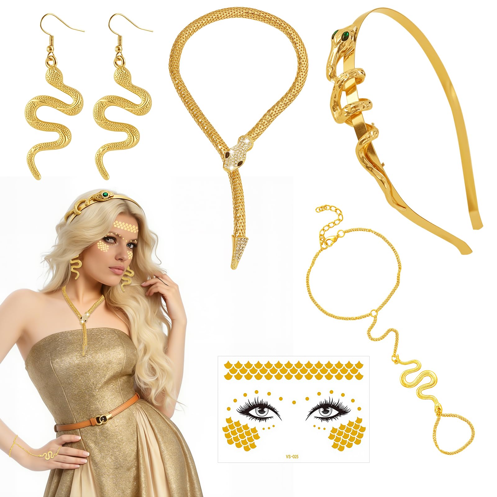 Medusa Costume Accessories Women Medusa Headdress with Snake Headband Necklace Bracelet Earrings Facial Statue Greek Goddess Snake Set for Carnival Halloween Cosplay