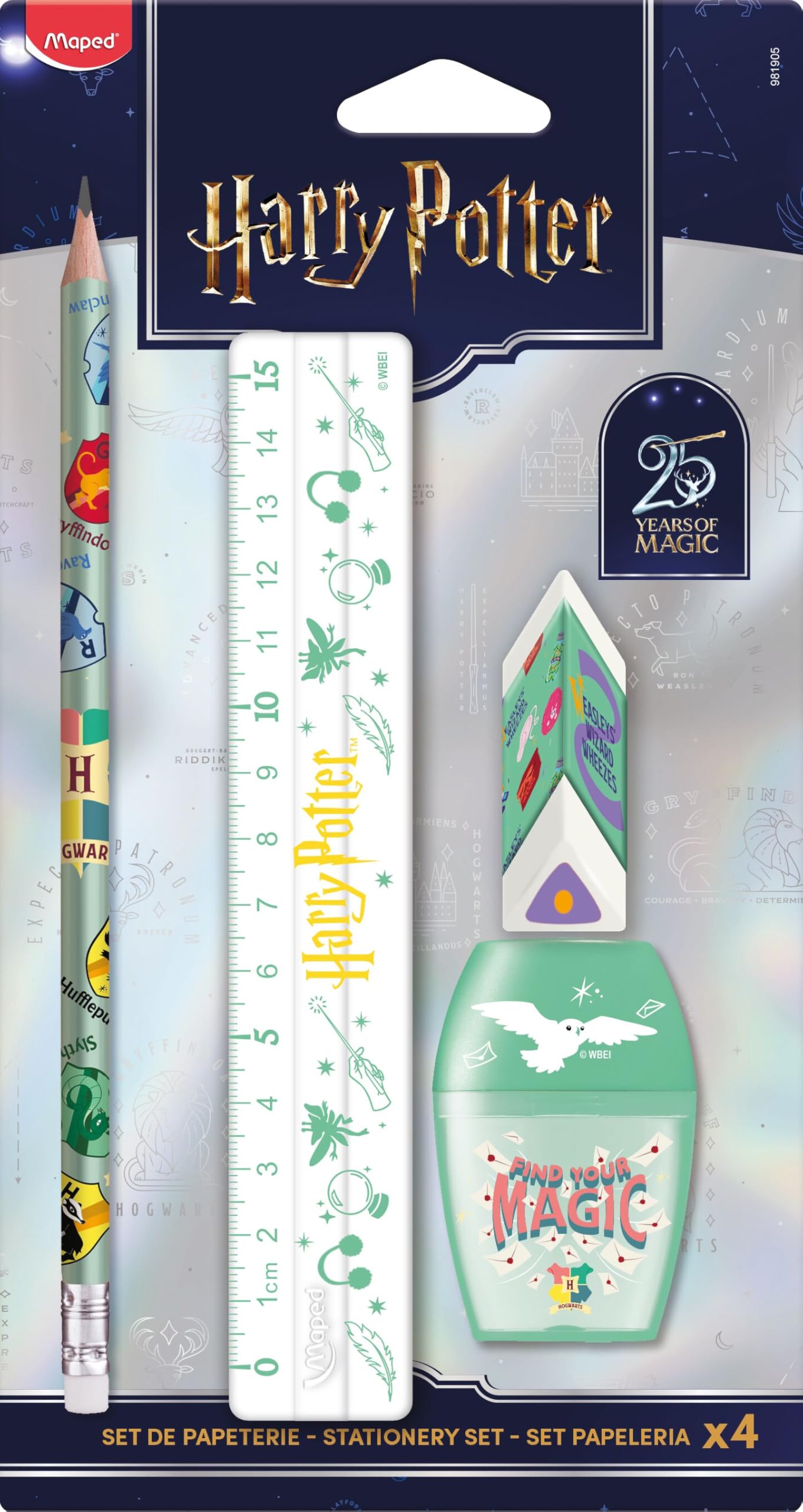 Maped - Harry Potter 25th Birthday Stationery Set - 4 Pieces - 1 Ruler 15 cm + 1 Pencil Sharpener Tank + 1 Eraser + 1 Graphite HB Pencil - Limited Edition