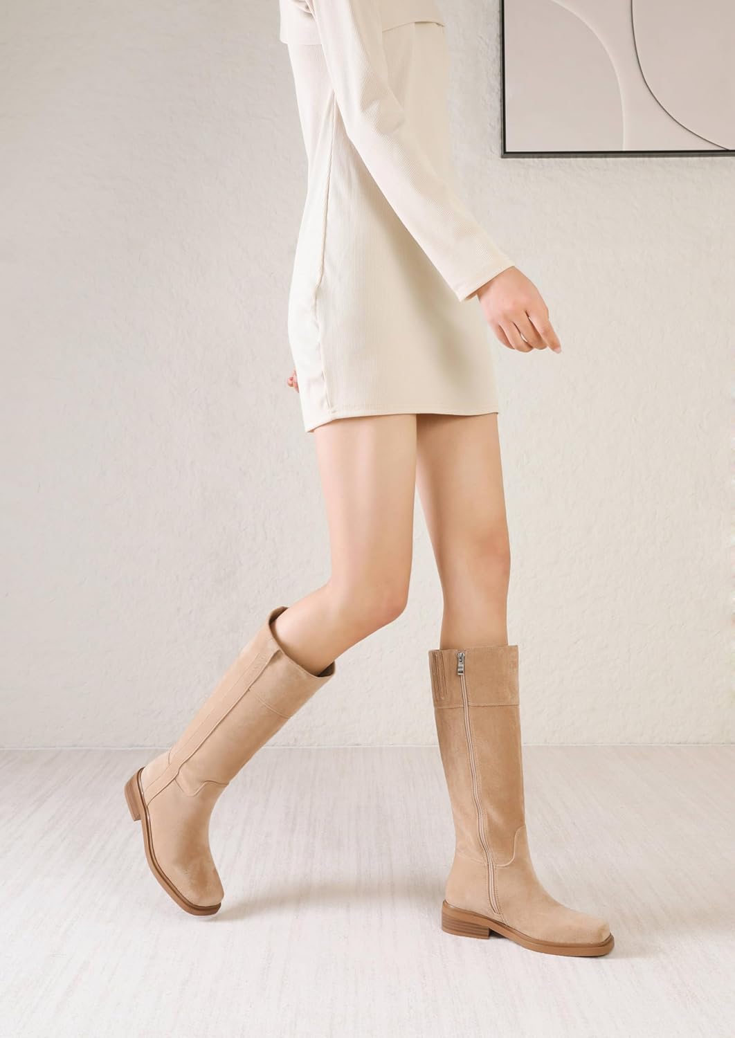 vivianly Women's Knee High Boots Zipper Square Toe Trendy Low Chunky Heels Boots