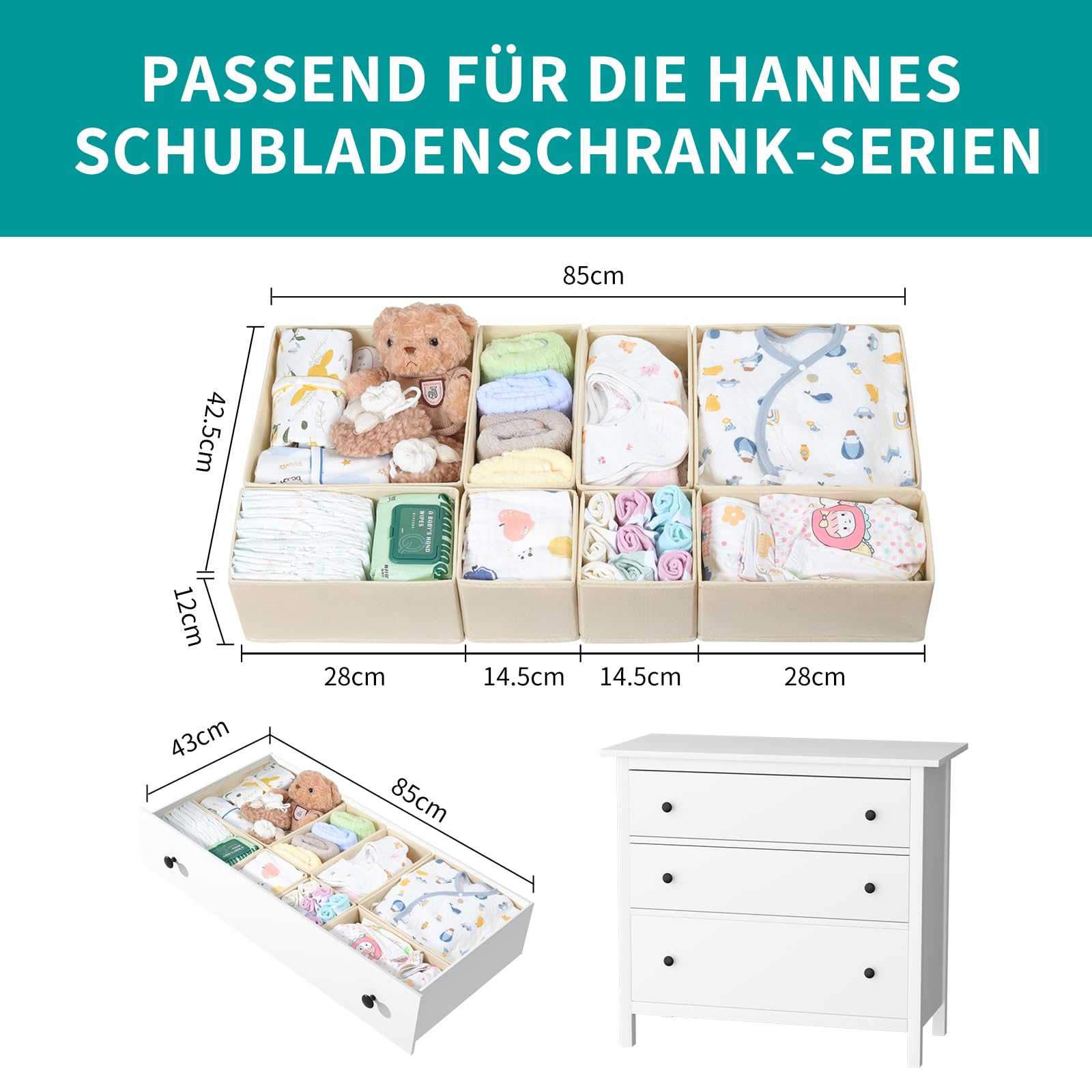 Set di 16 organizer per cassetti, compatibile con cassettiera HEMNES, altri sistemi di cassetti, scatole pieghevoli per vestiti, modulari per guardaroba, fasciatoio, beige