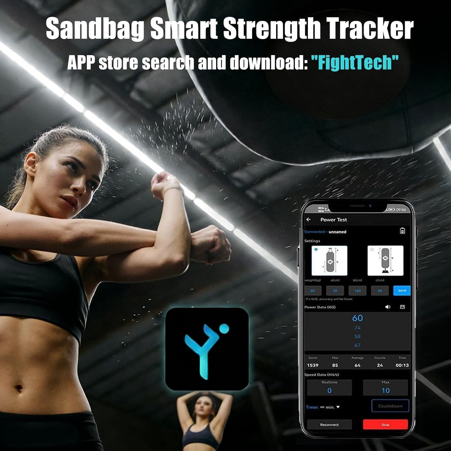 Misuratore di Potenza per Sacco da Boxe, Tracker Intelligente Senza Fili per Boxe con 200 Ore di Autonomia, Dati di velocità E Forza in Tempo Reale per Palestra Black One Size