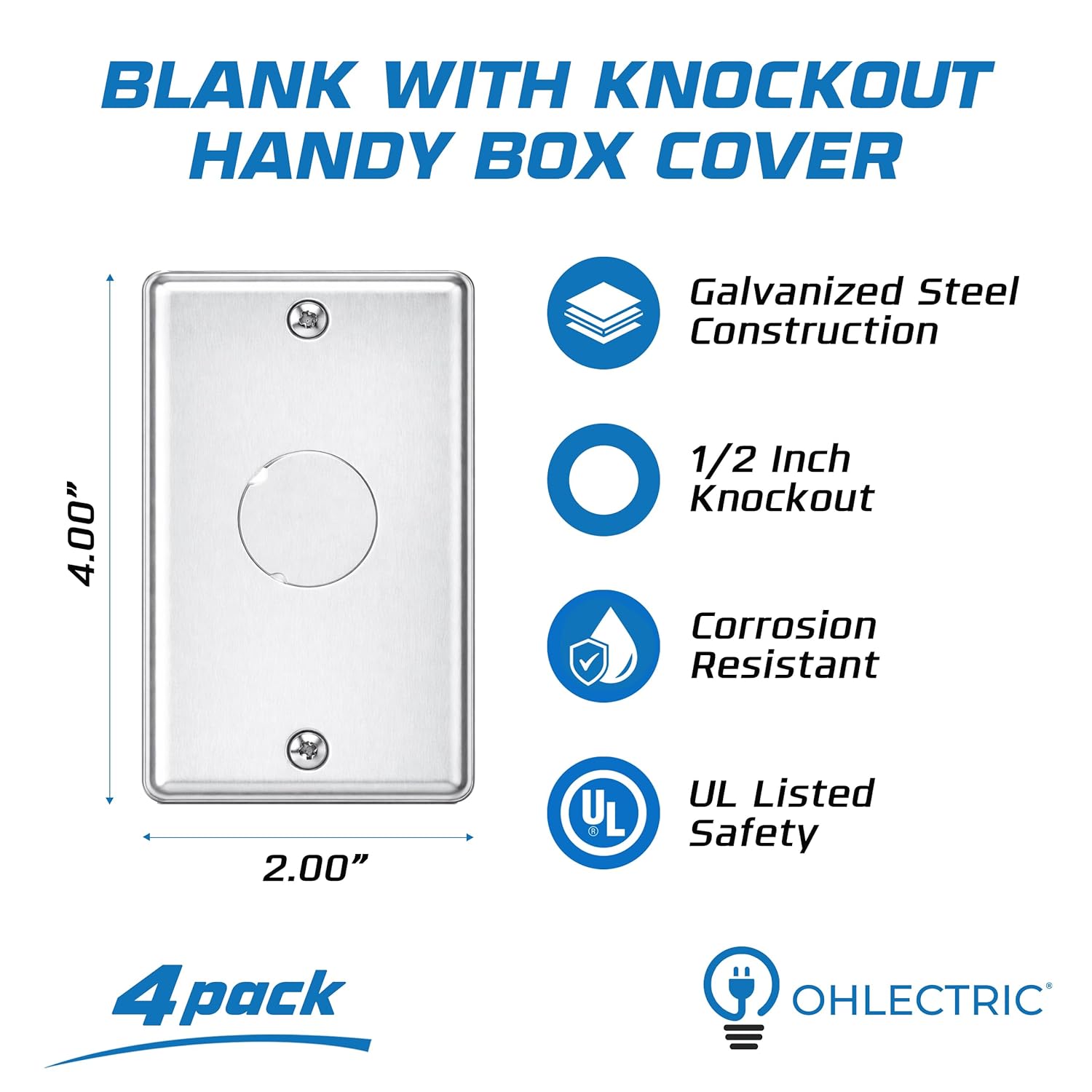 OHLECTRIC 4 Pack - 4x2 Single Gang Rectangle Blank Outlet Cover with 1/2" Knockout, Fire Rated | Ideal for Steel Junction and Device Box Covers for Wiring Connection Protection and Wiring Devices